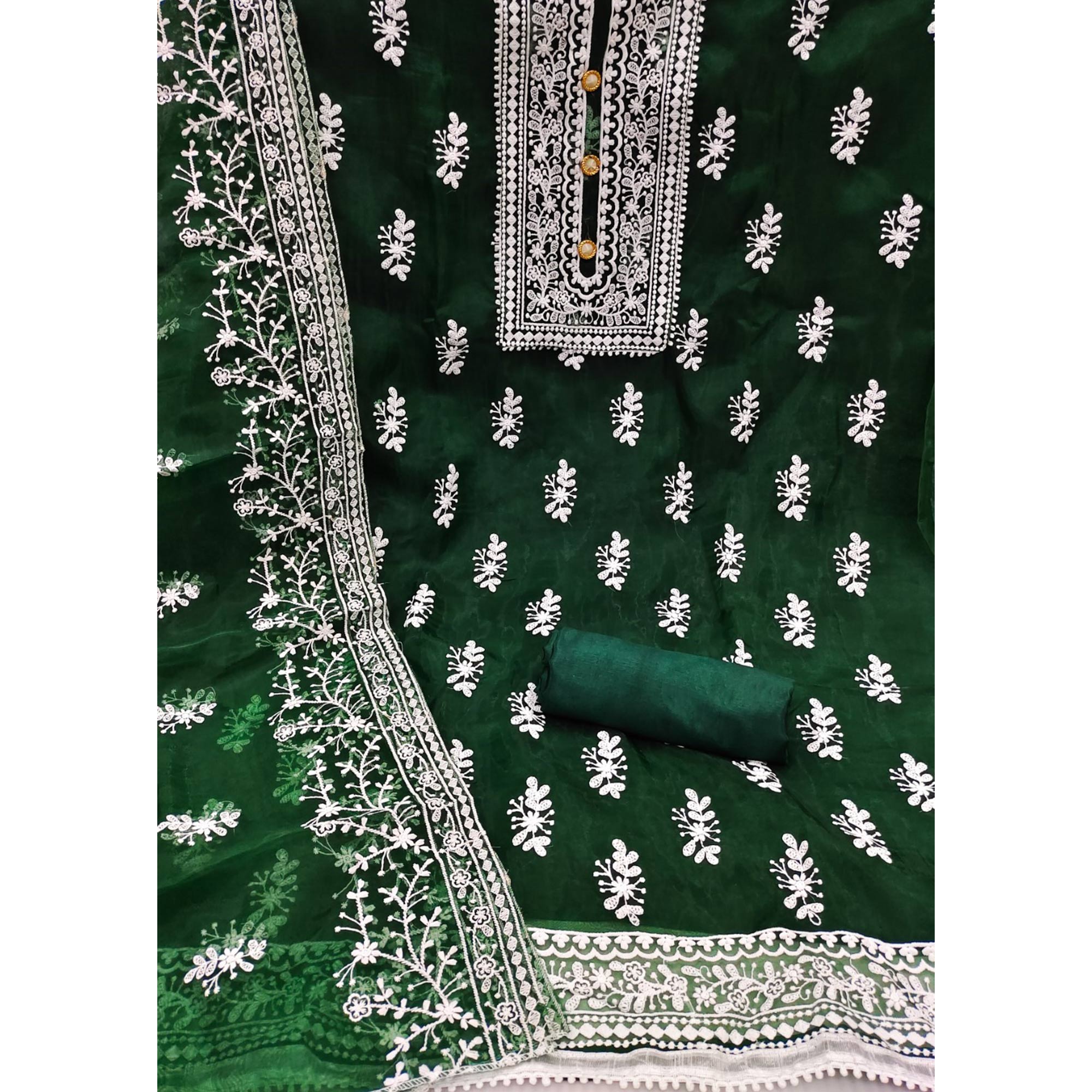 Green Floral Embroidered Organza Dress Material