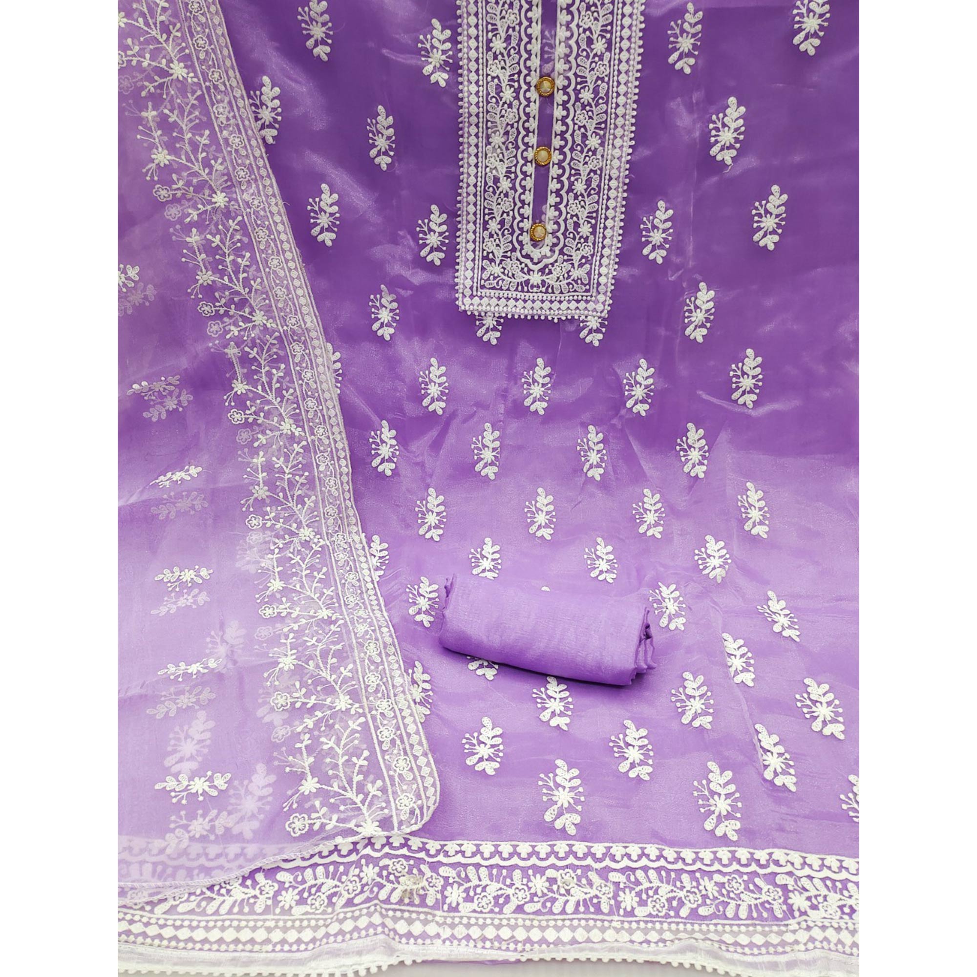Lavender Floral Embroidered Organza Dress Material