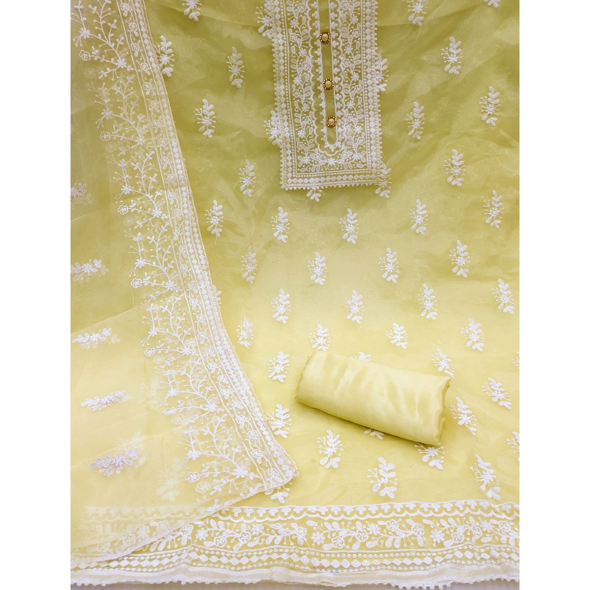 Light Yellow Floral Embroidered Organza Dress Material