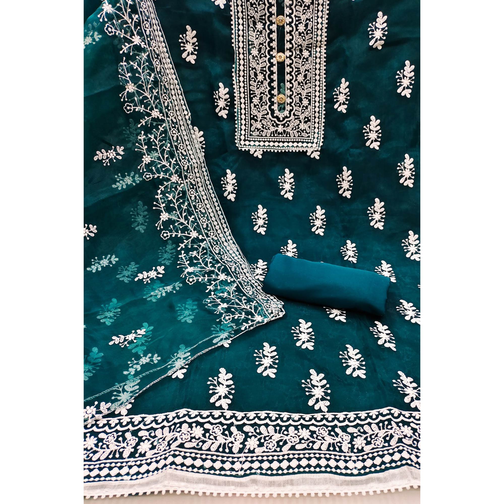 Teal Floral Embroidered Organza Dress Material