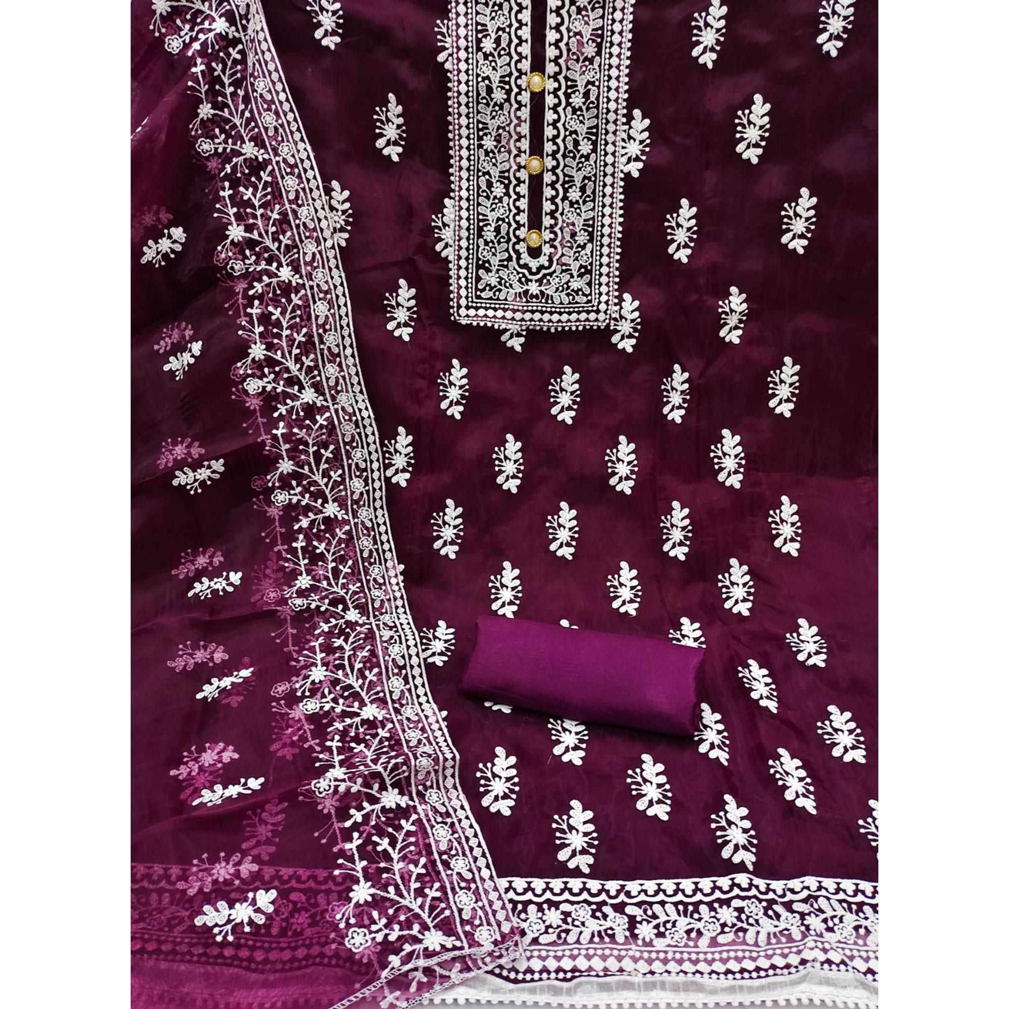 Wine Floral Embroidered Organza Dress Material