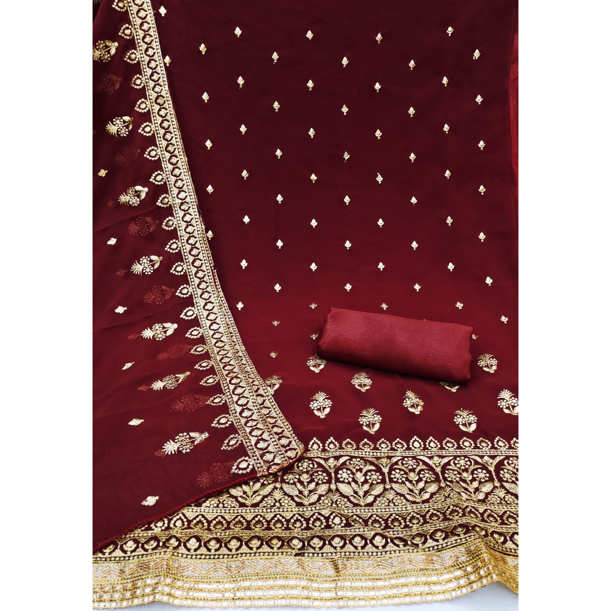 Maroon Floral Embroidered Georgette Dress Material