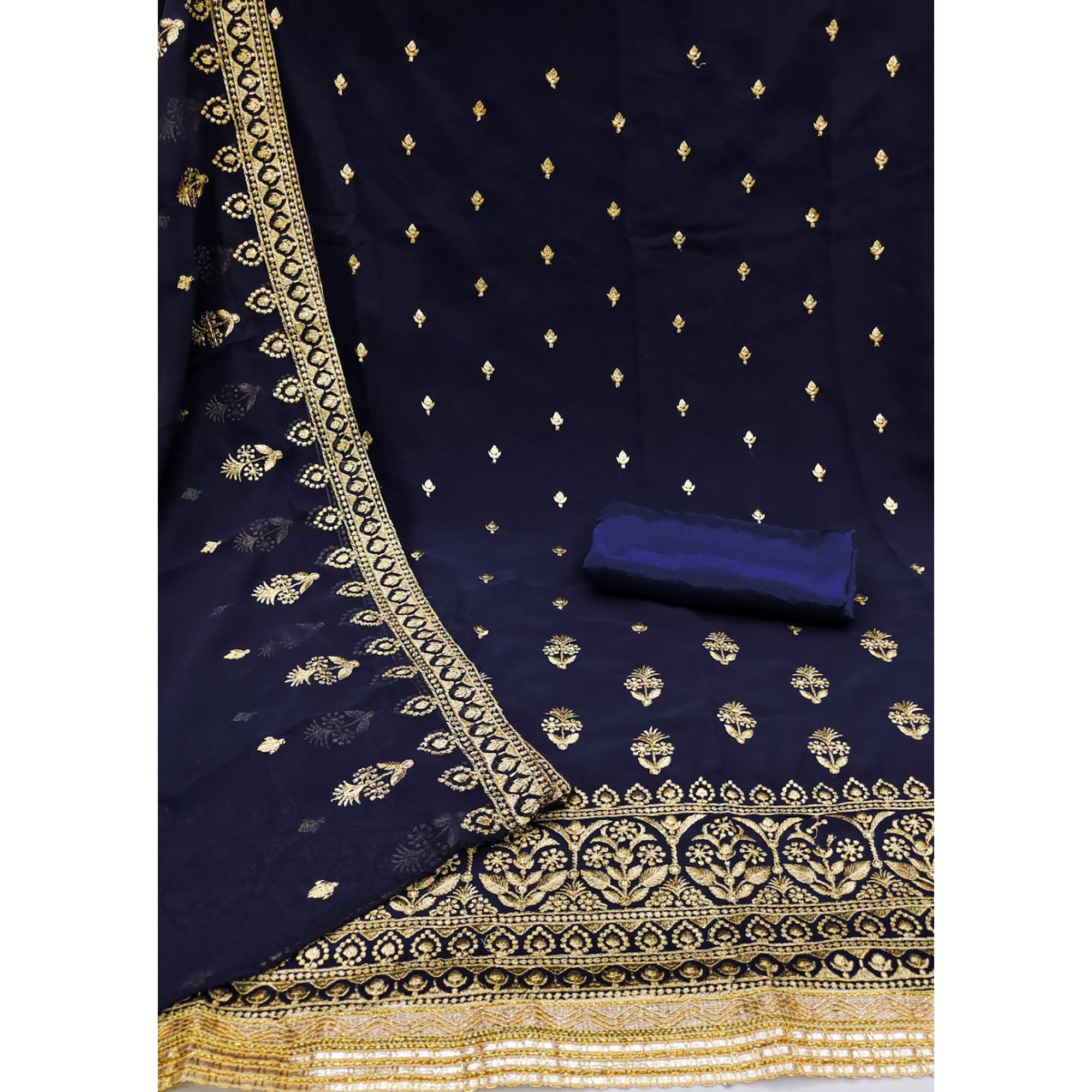 Navy Blue Floral Embroidered Georgette Dress Material