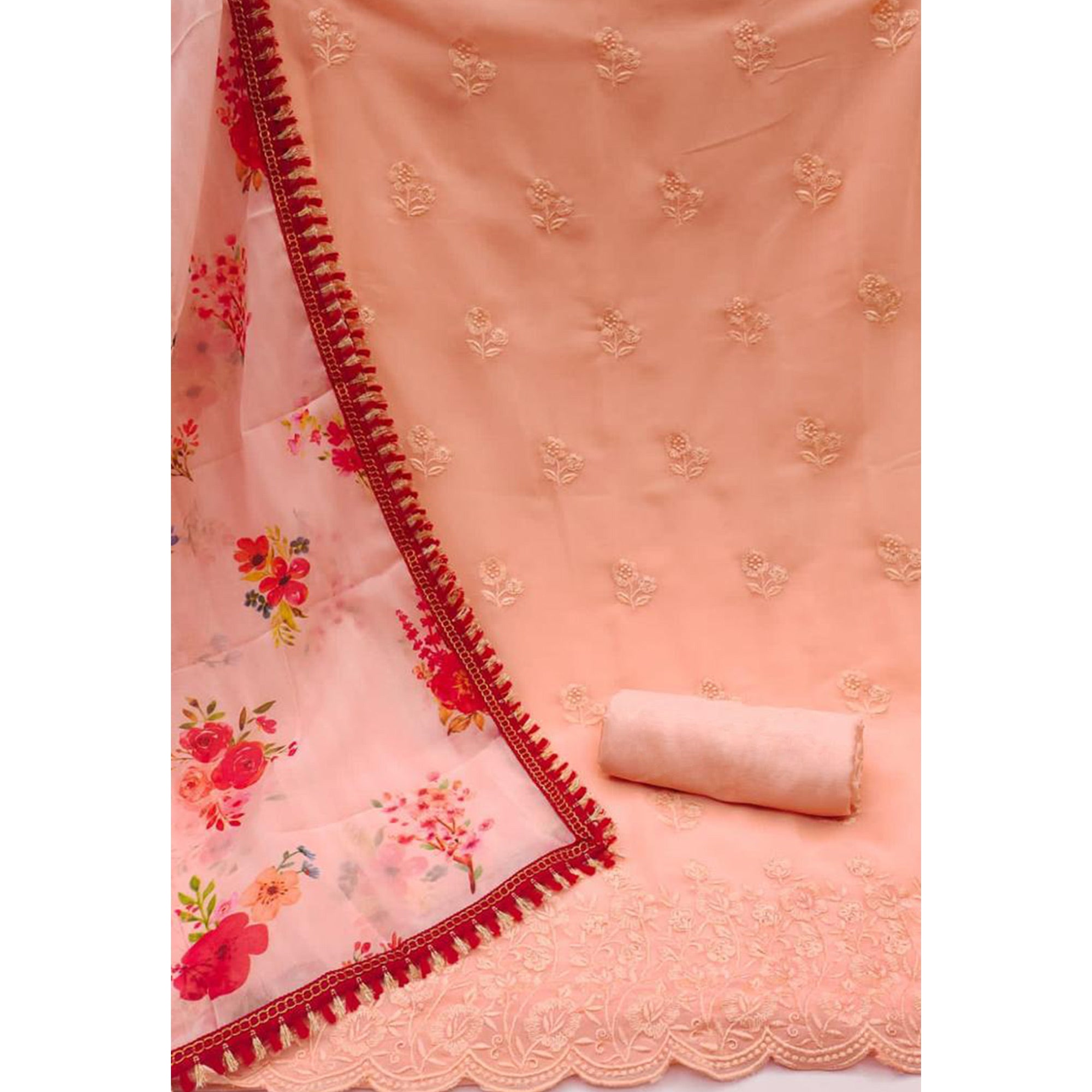 Peach Georgette Dress Material With Intricate Floral Thread Embroidery