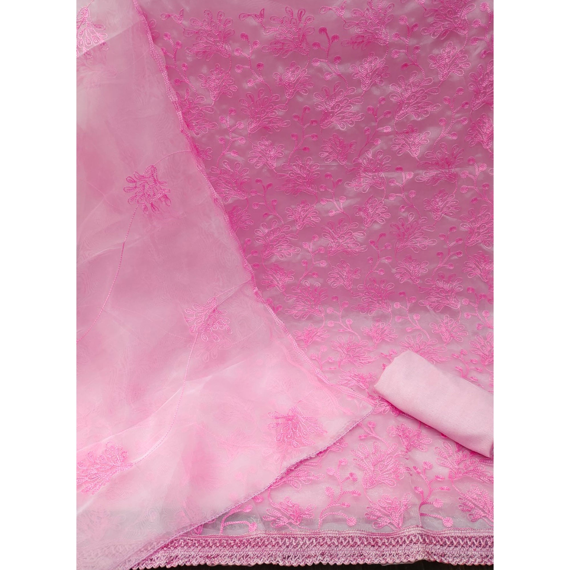 Pink Organza Dress Material With Graceful Floral Thread Embroidery