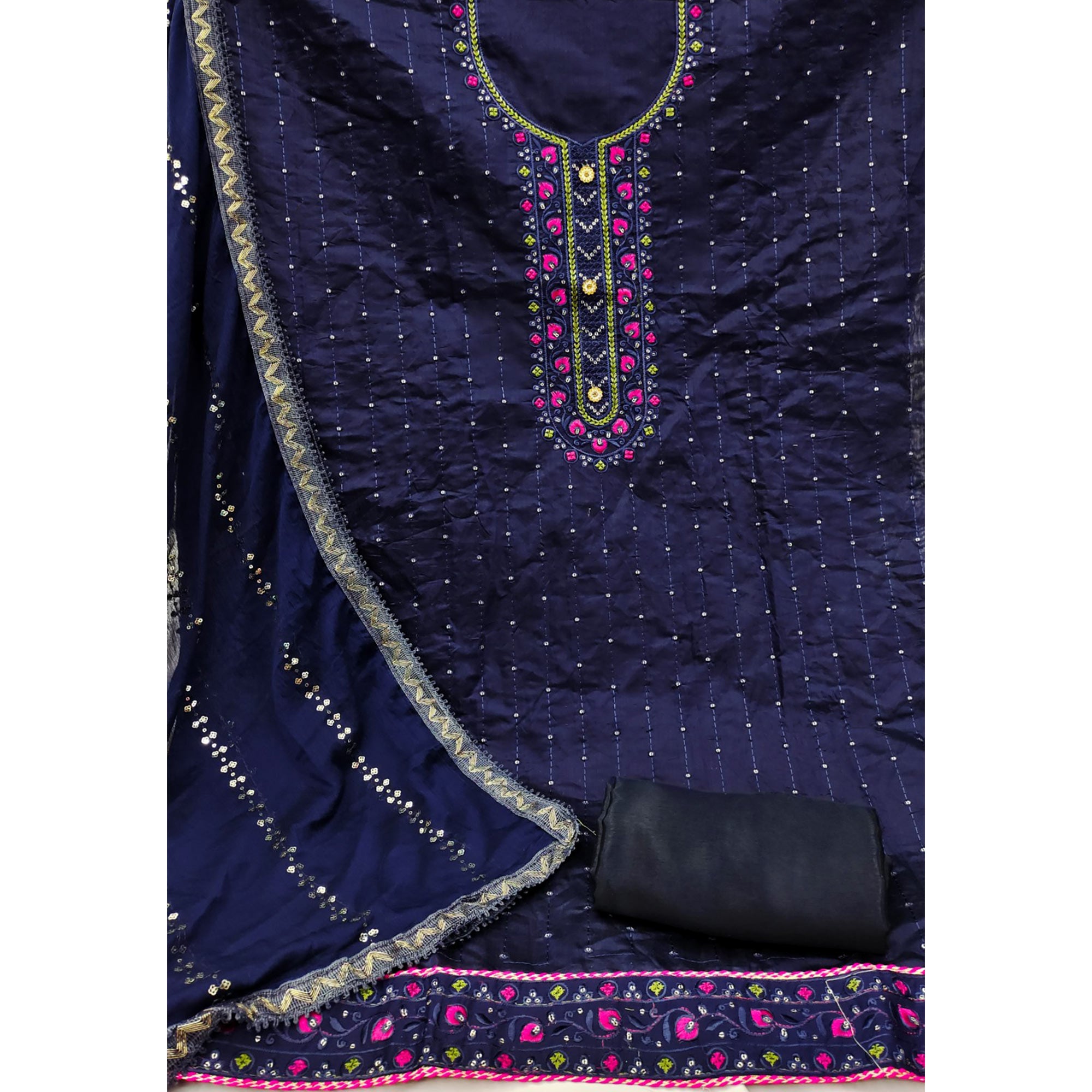 Navy Blue Sequins Embroidered Chanderi Dress Material
