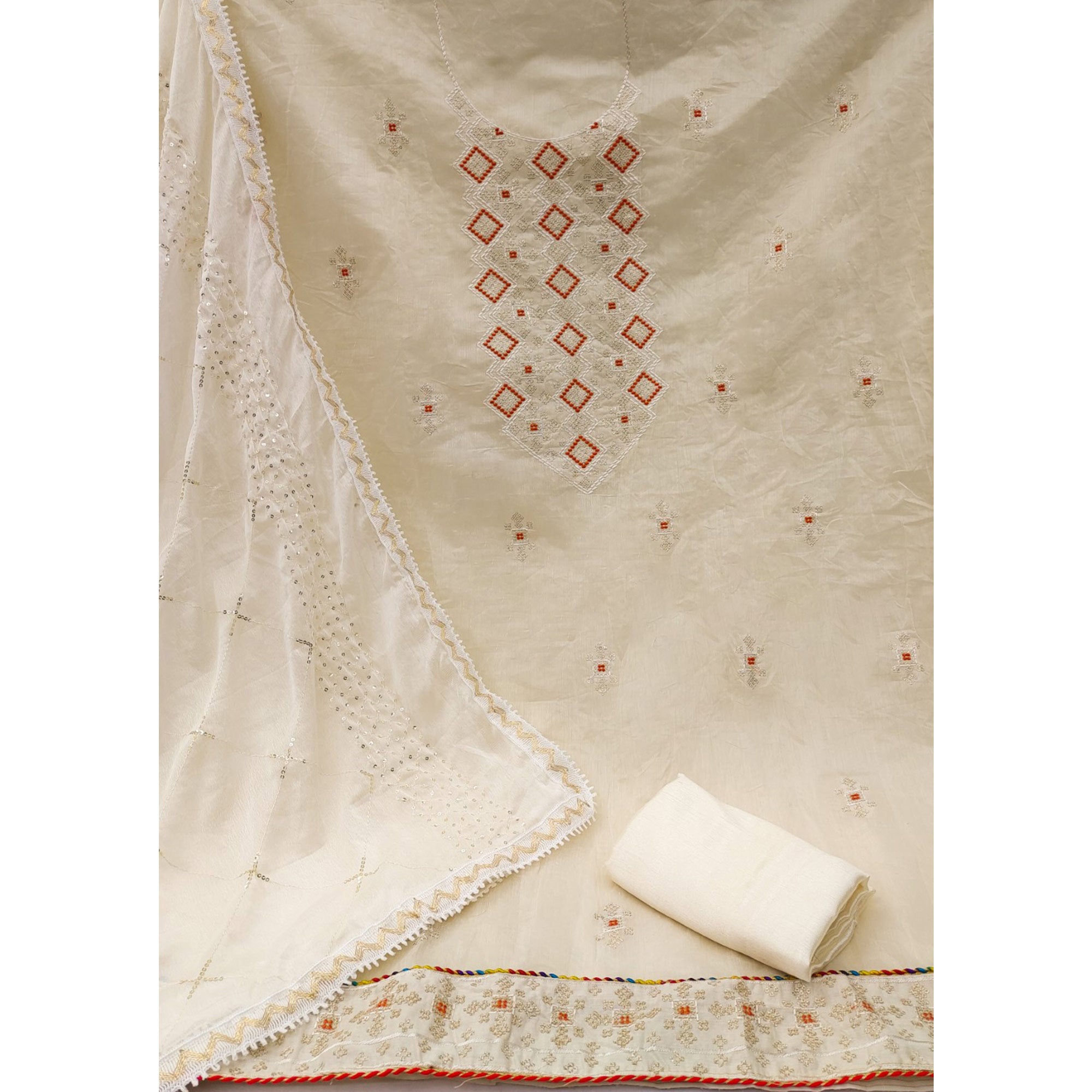 Chanderi Cotton Dress Material In Cream With Intricate Thread & Sequin Embroidery