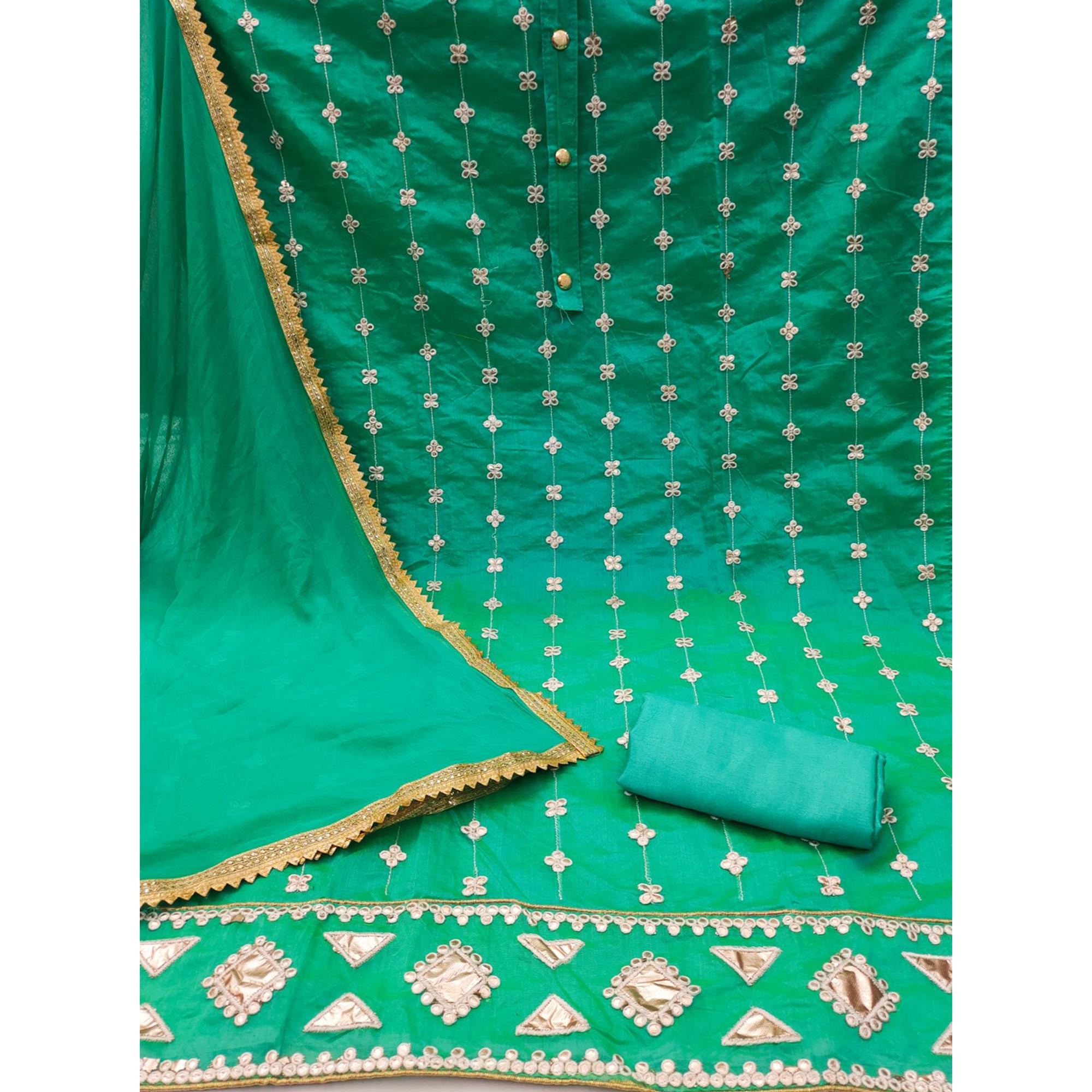 Rama Green Dress Material With Floral Embroidery & Traditional Gota Patti Work