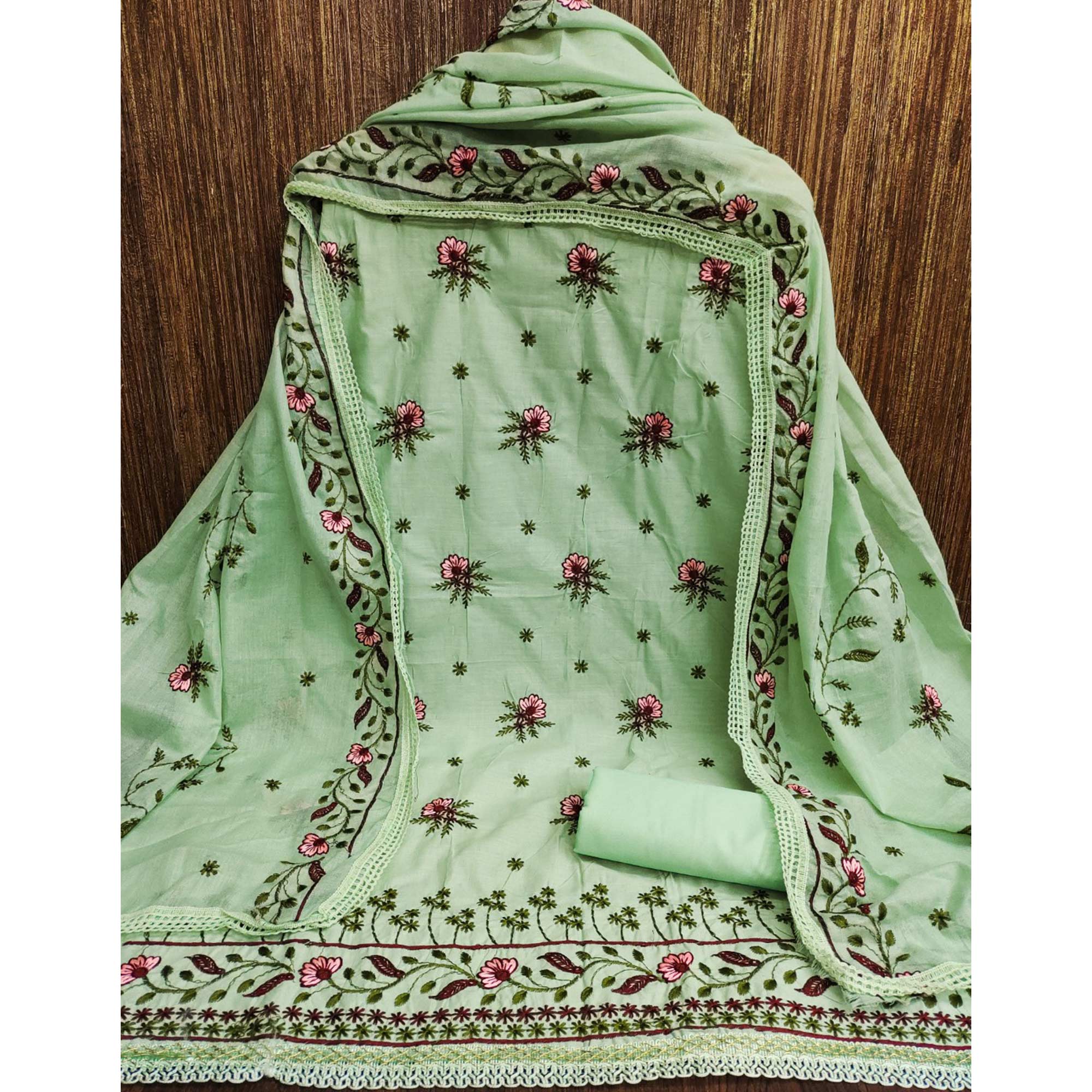 Green Cotton Blend Dress Material With Delicate Floral Thread Embroidery