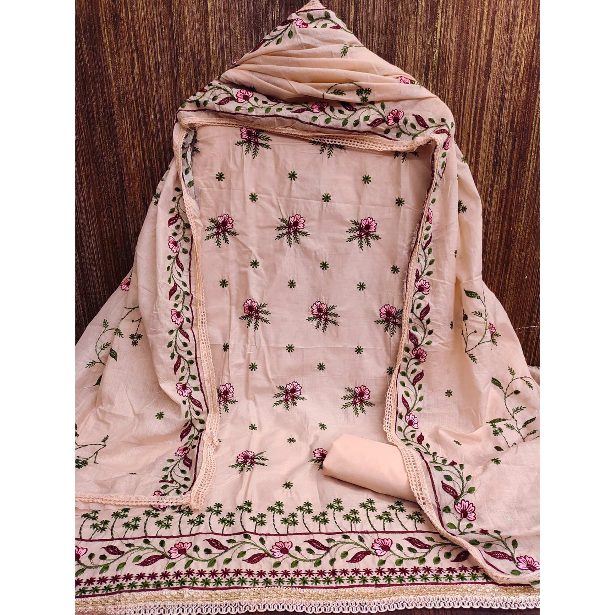 Peach Cotton Blend Dress Material With Delicate Floral Thread Embroidery