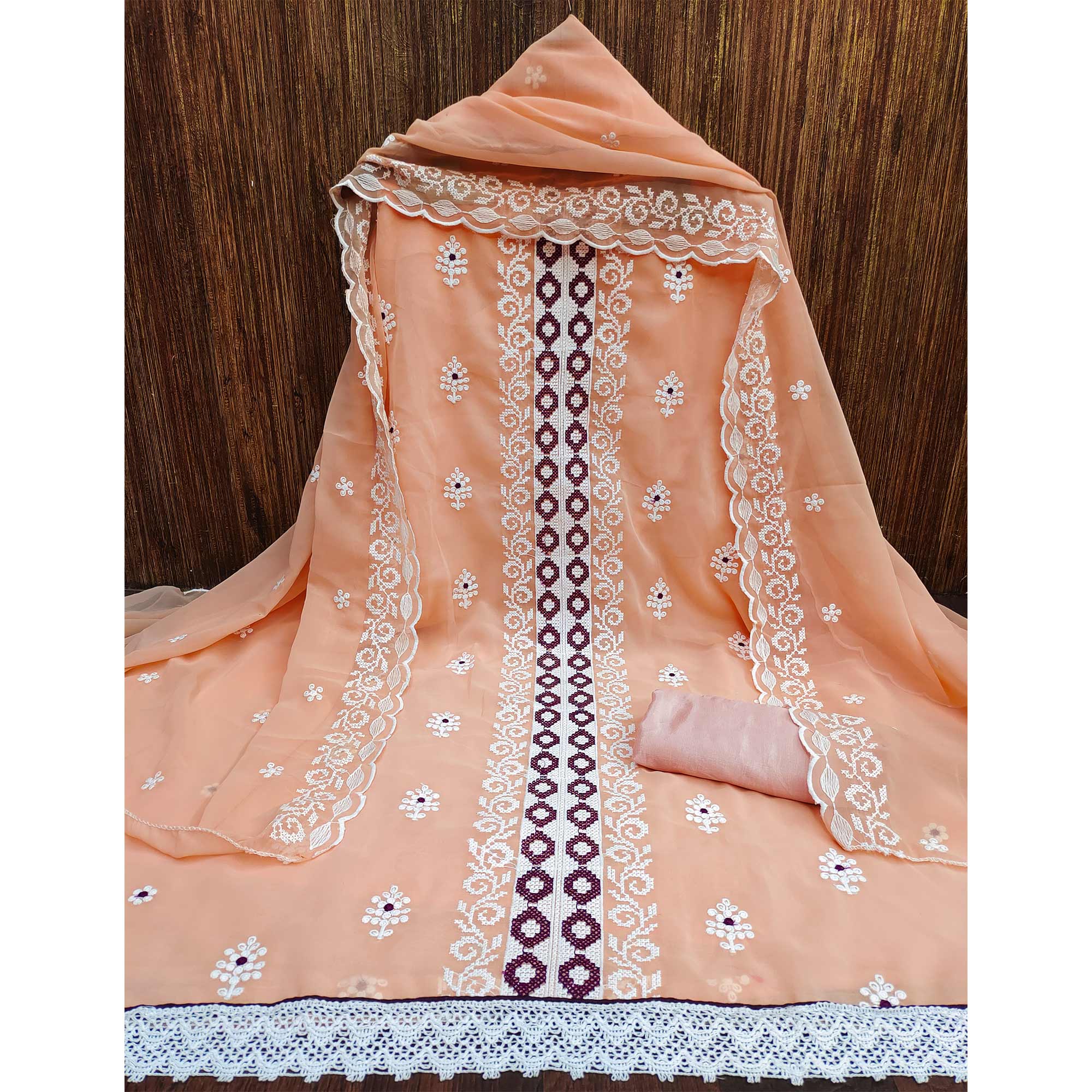 Peach Georgette Dress Material With Delicate Floral Thread Embroidery