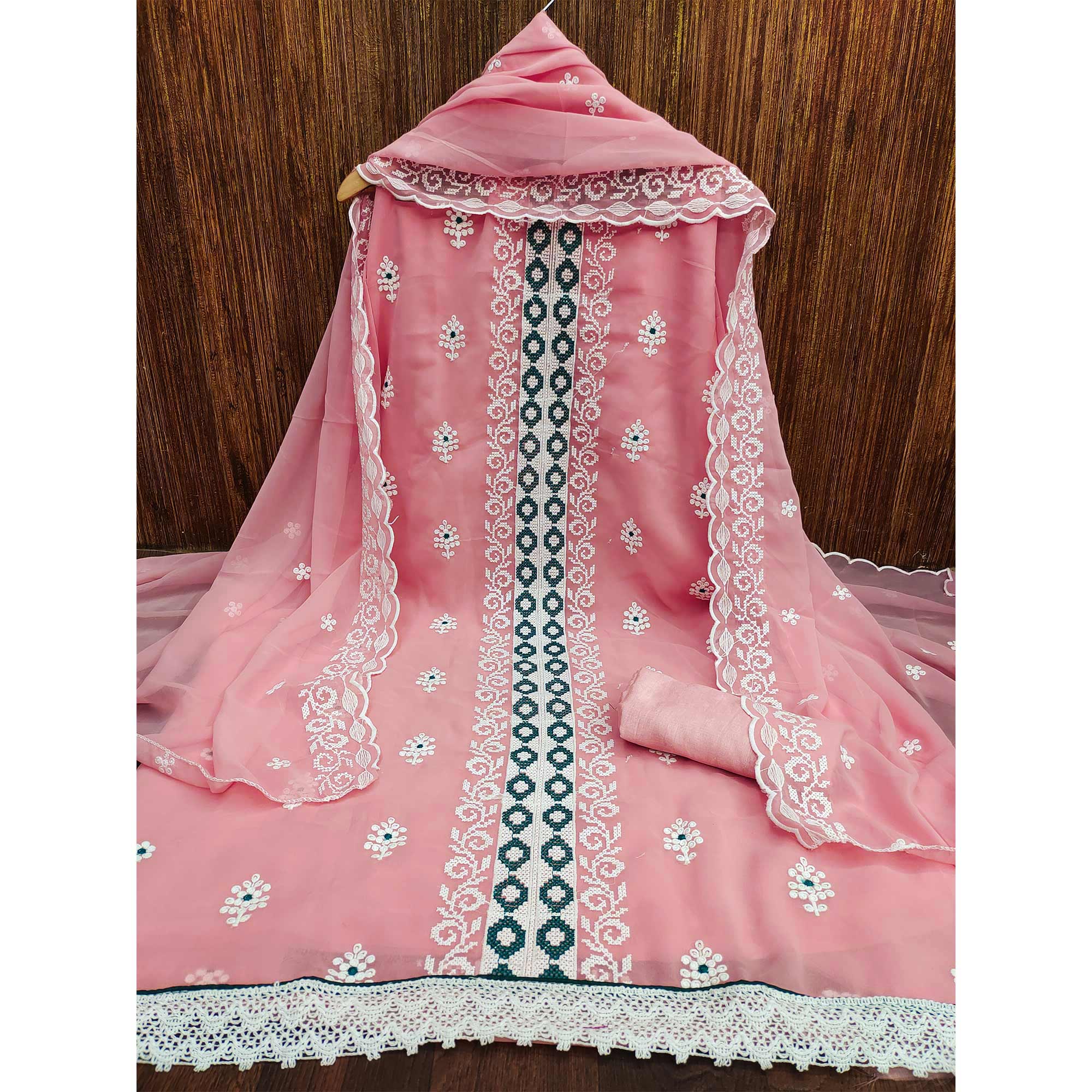 Pink Georgette Dress Material With Delicate Floral Thread Embroidery
