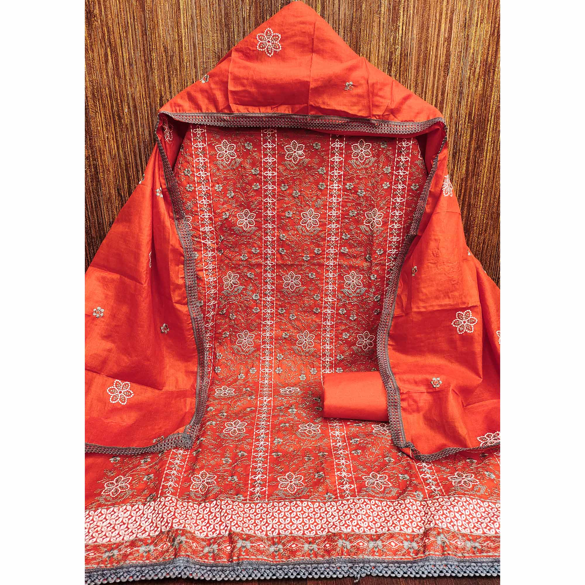 Orange Floral Embroidered Pure Cotton Dress Material