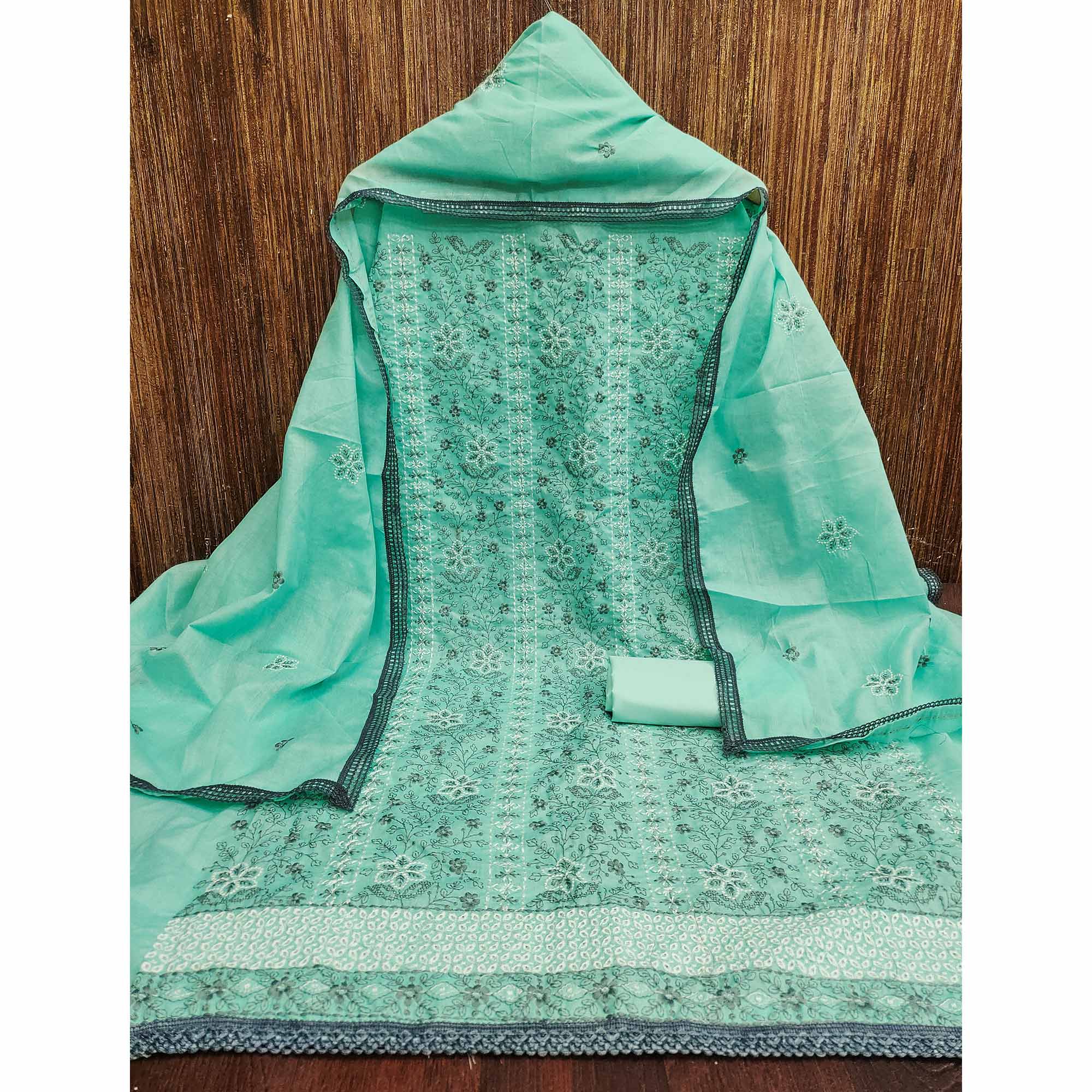 Sea Green Cotton Suit Fabric with Embroidered Floral Patterns