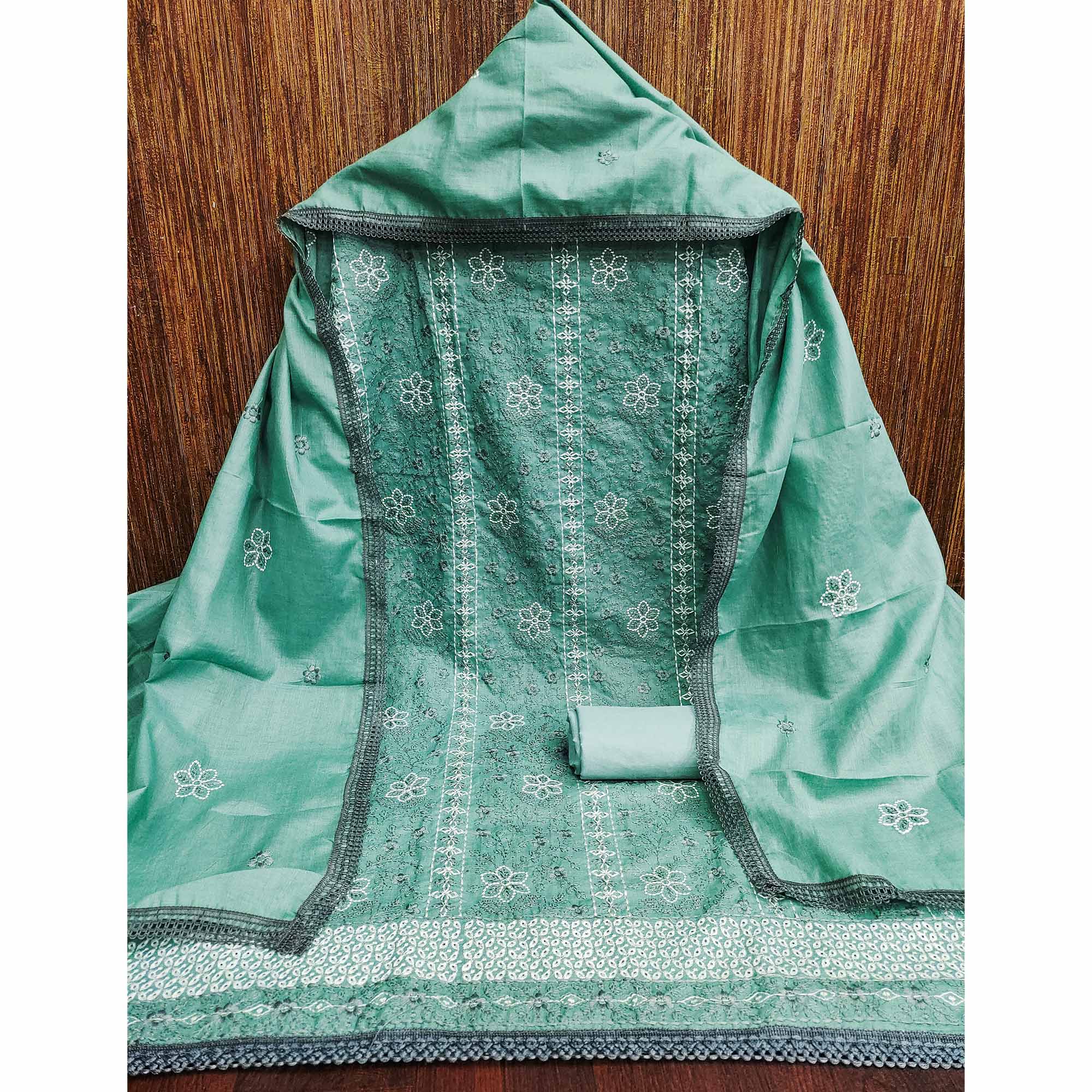 Turquoise Floral Embroidered Pure Cotton Dress Material