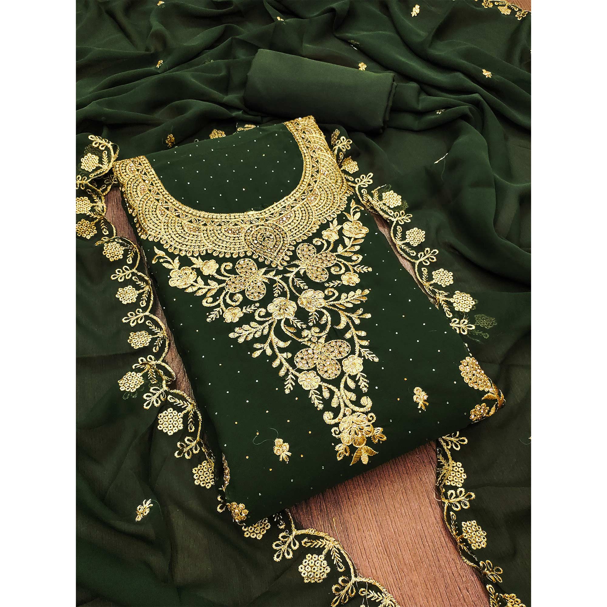 Mehendi Green Floral Embroidered Georgette Dress Material