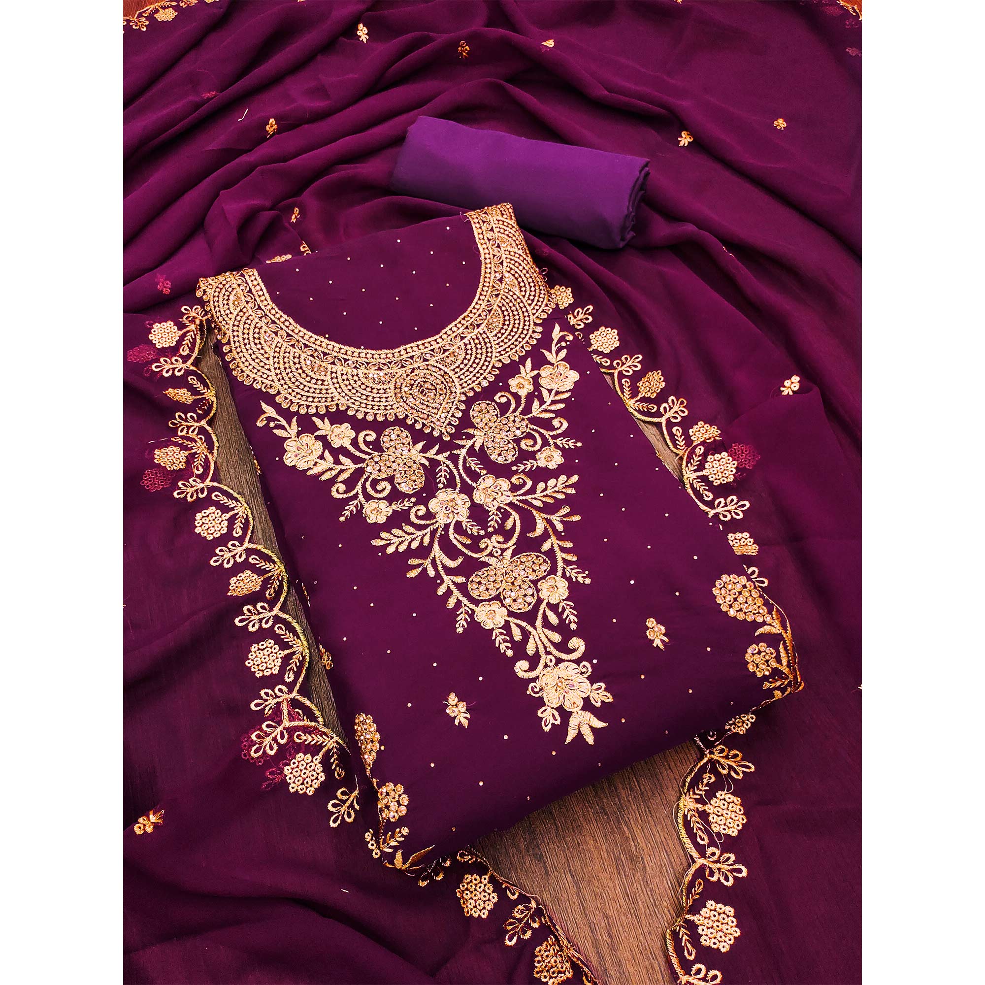 Purple Floral Embroidered Georgette Dress Material
