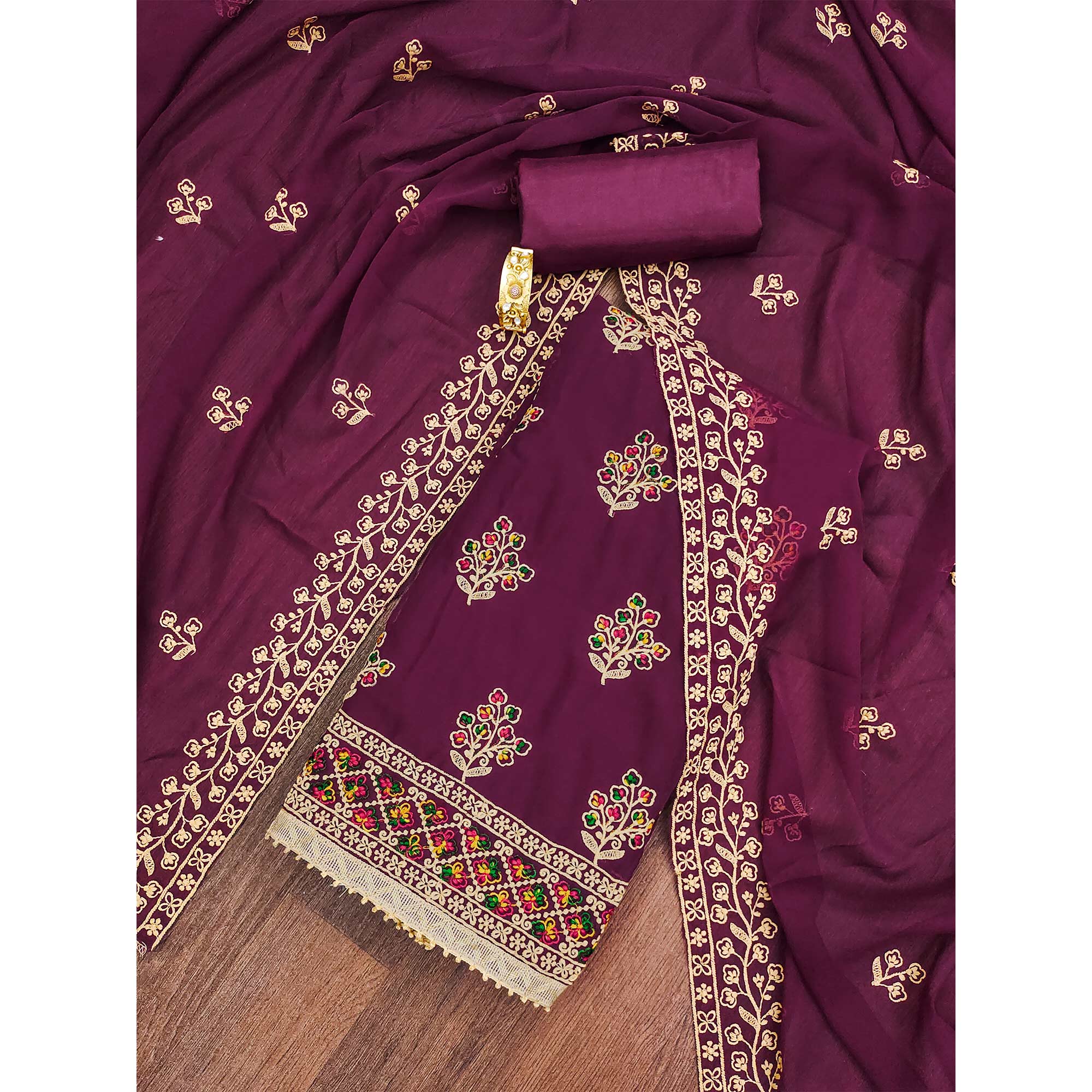 Purple Floral Embroidered Georgette Dress Material