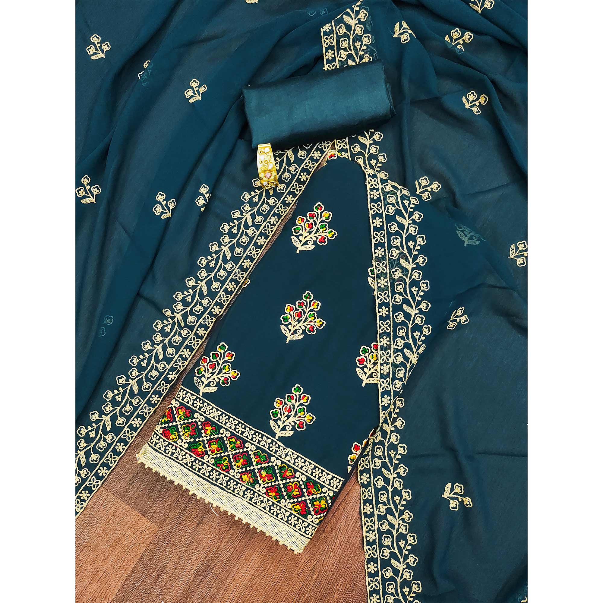 Teal Blue Floral Embroidered Georgette Dress Material