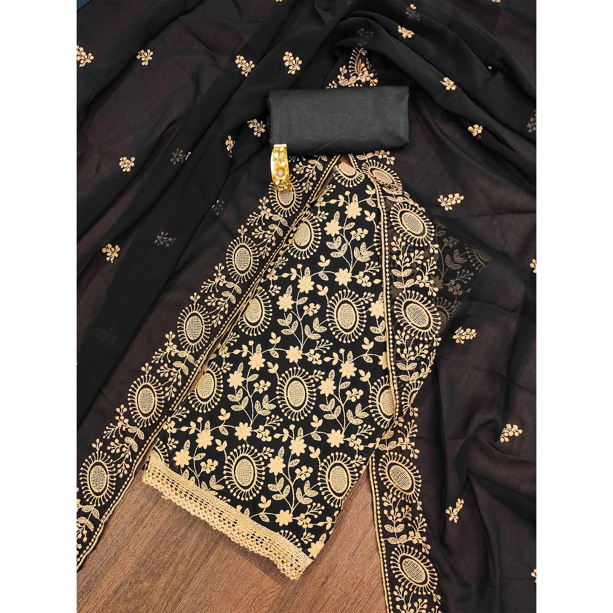 Black Floral Embroidered Georgette Dress Material