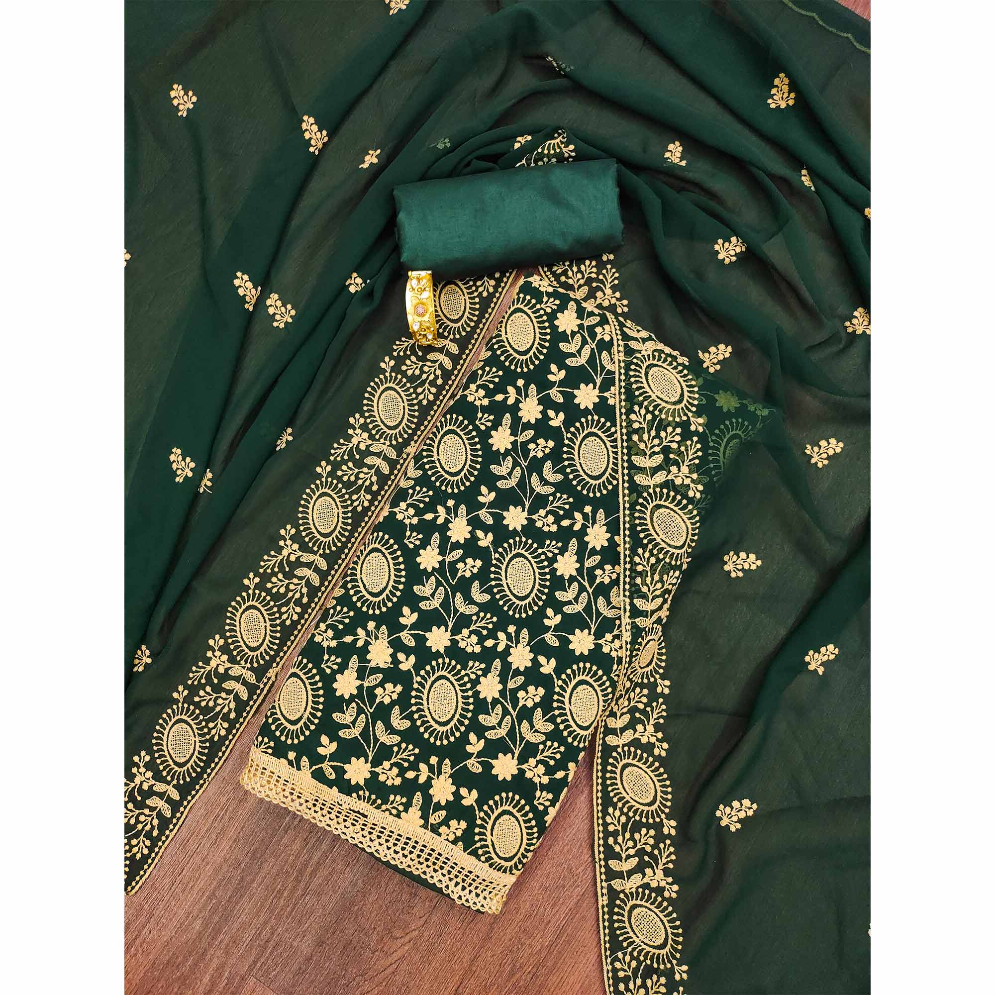 Green Floral Embroidered Georgette Dress Material