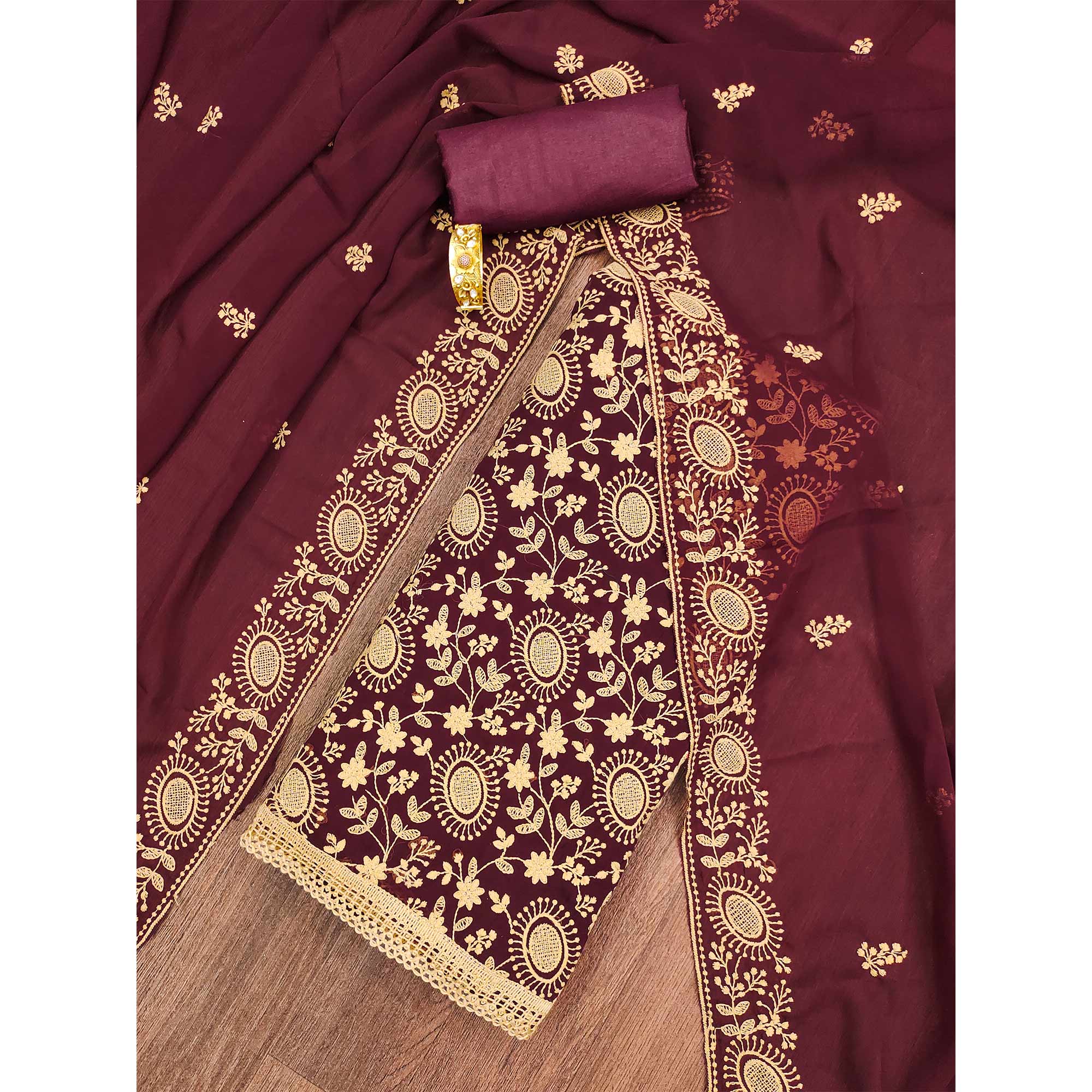 Maroon Floral Embroidered Georgette Dress Material