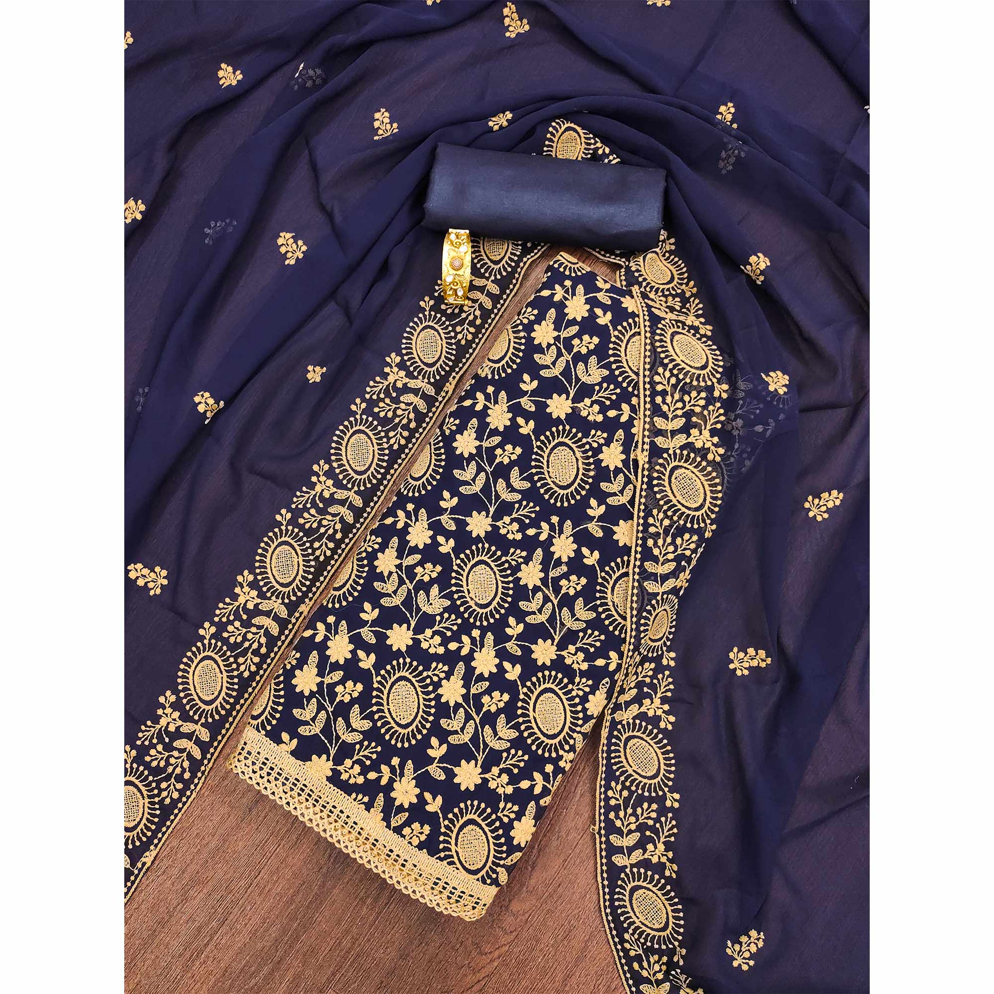 Navy Blue Floral Embroidered Georgette Dress Material