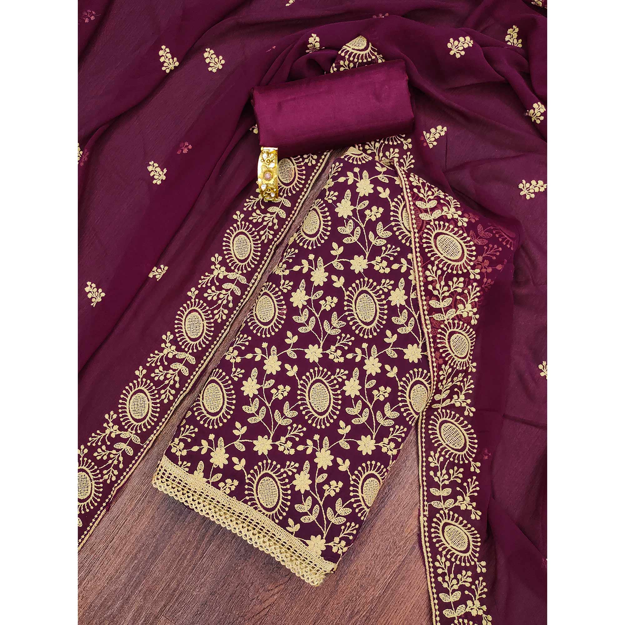 Purple Floral Embroidered Georgette Dress Material