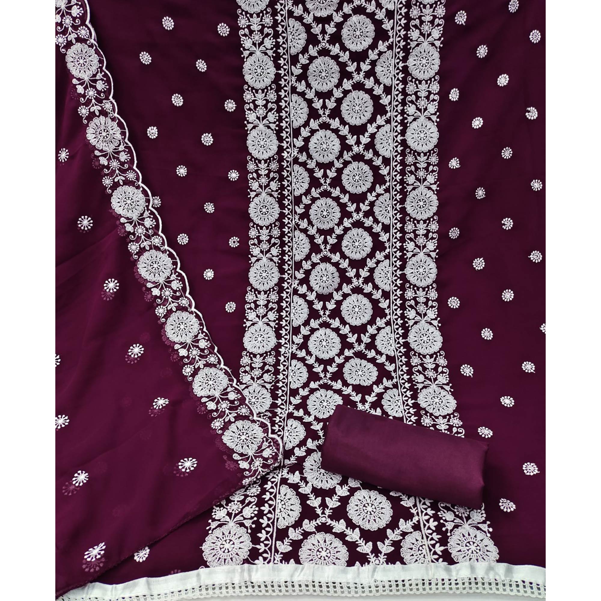 Wine Floral Embroidered Georgette Dress Material