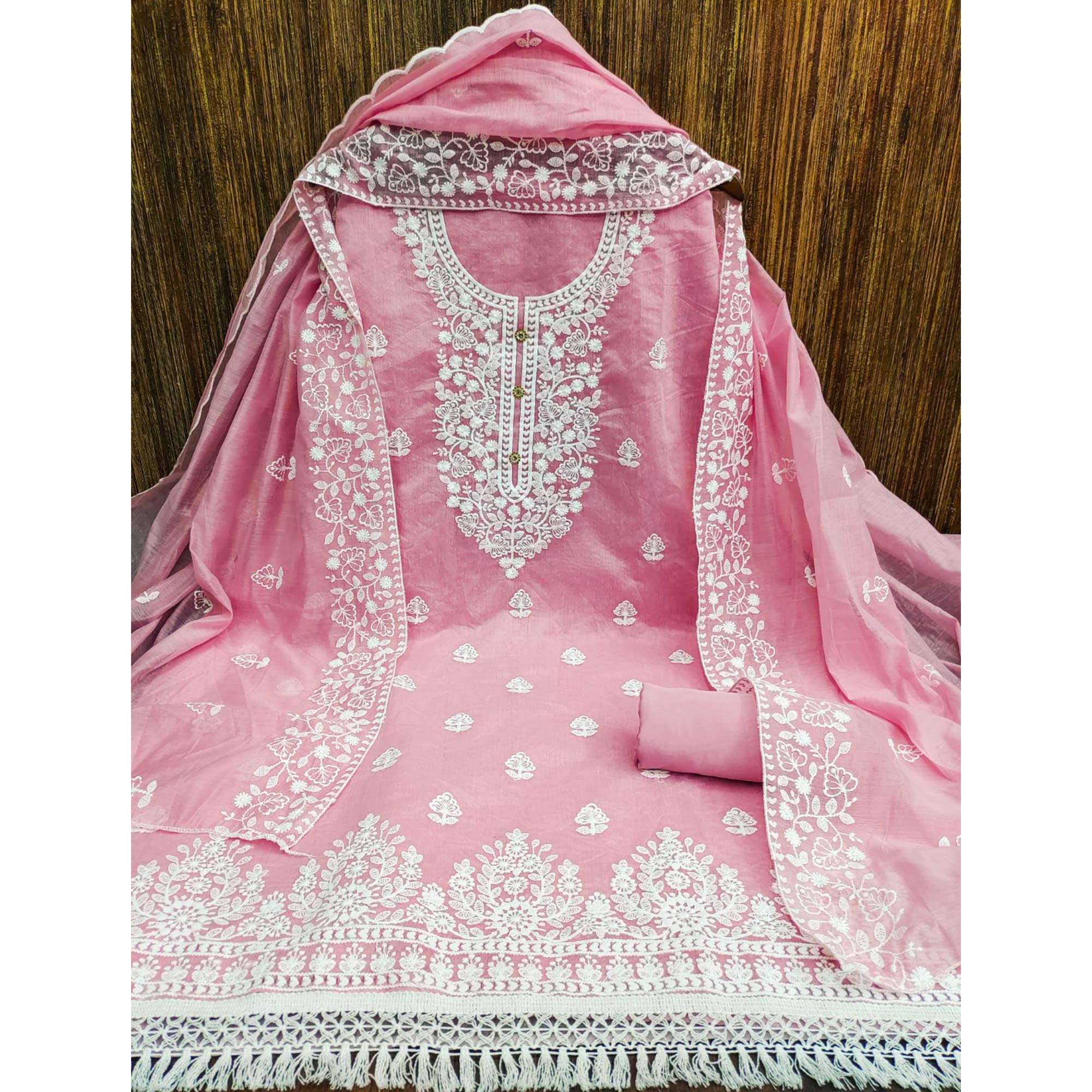 Baby Pink Floral Embroidered Chanderi Cotton Dress Material