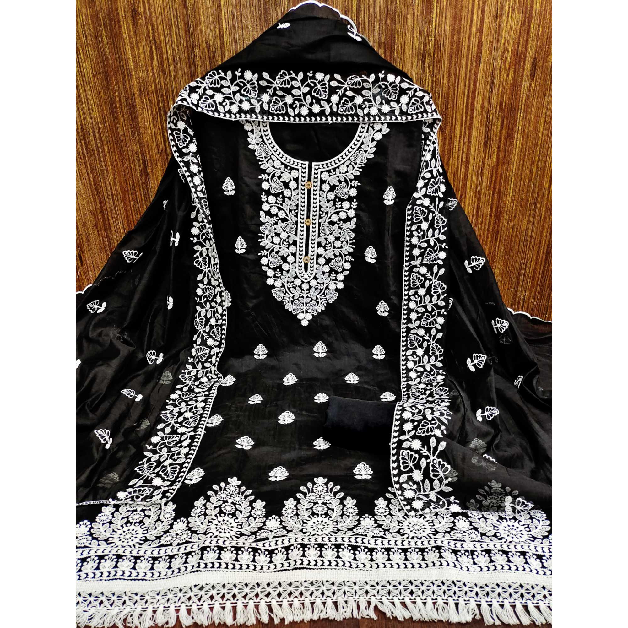 Black Floral Embroidered Chanderi Cotton Dress Material