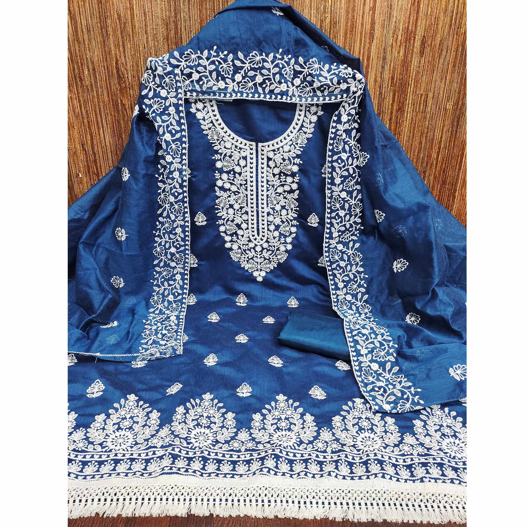 Blue Floral Embroidered Chanderi Cotton Dress Material