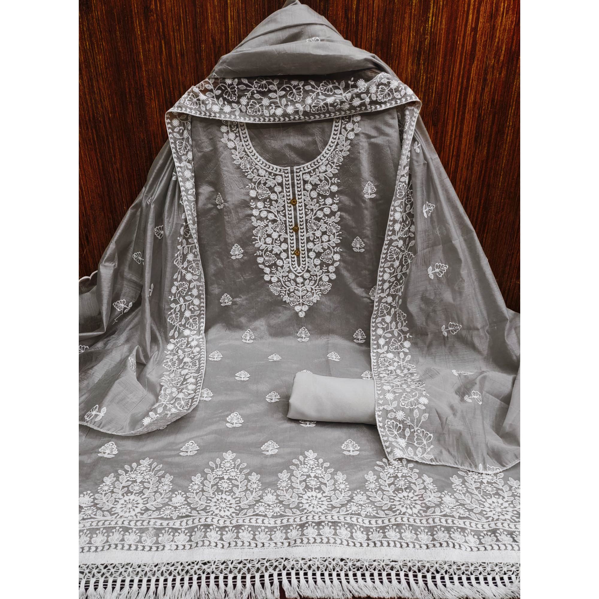 Grey Floral Embroidered Chanderi Cotton Dress Material