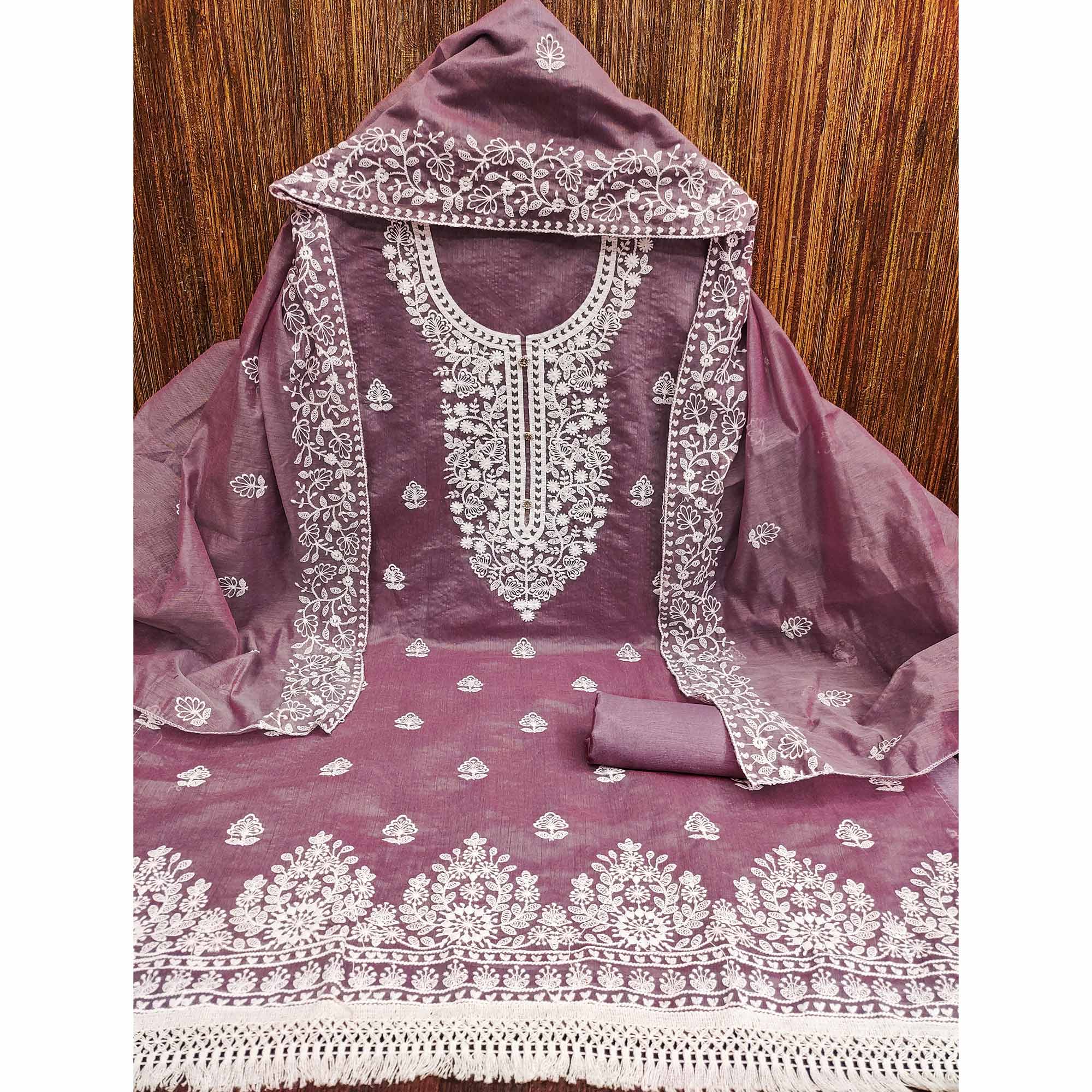Mauve Floral Embroidered Chanderi Cotton Dress Material