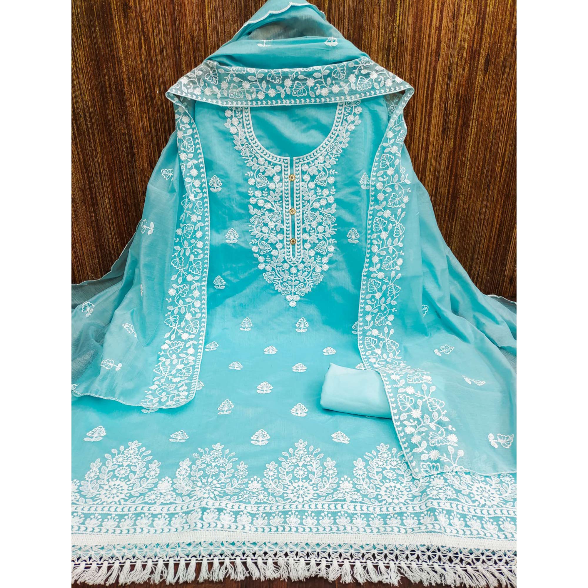 Sky Blue Floral Embroidered Chanderi Cotton Dress Material