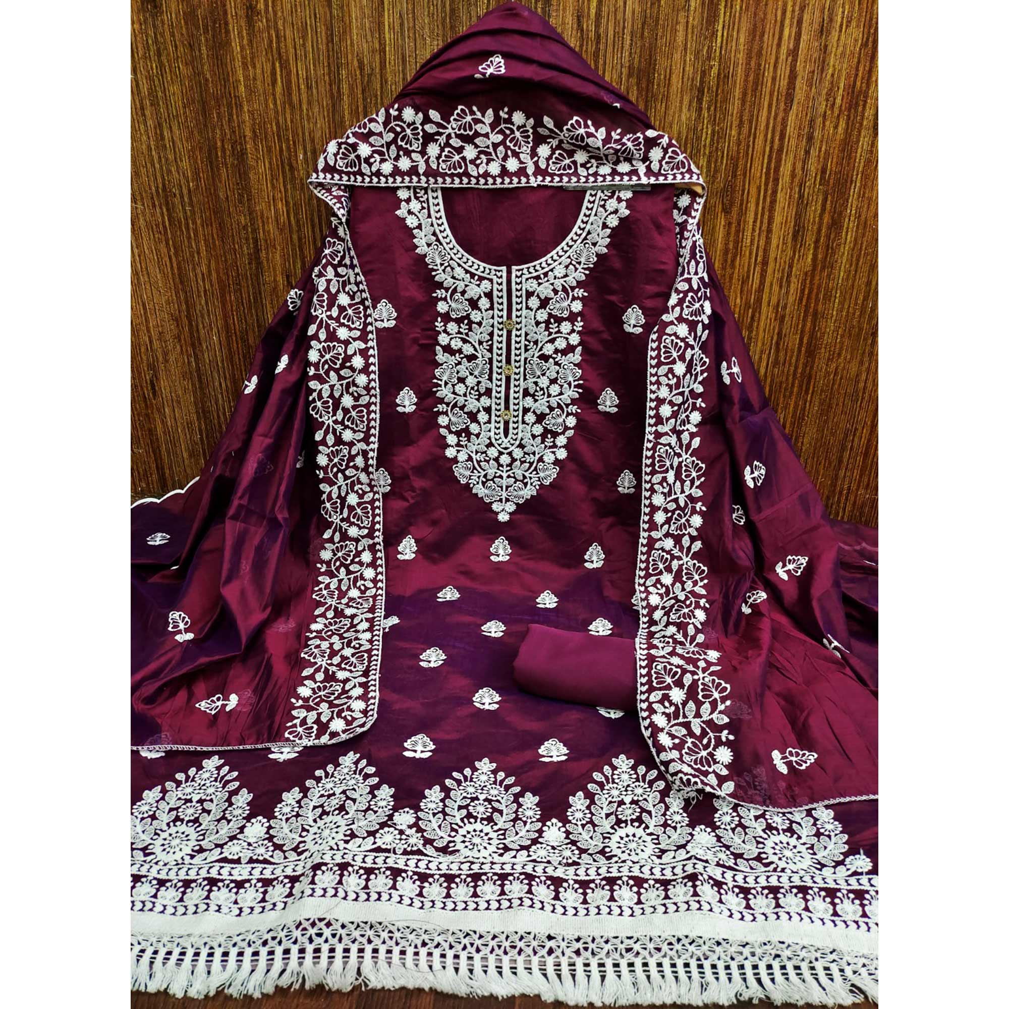 Wine Floral Embroidered Chanderi Cotton Dress Material