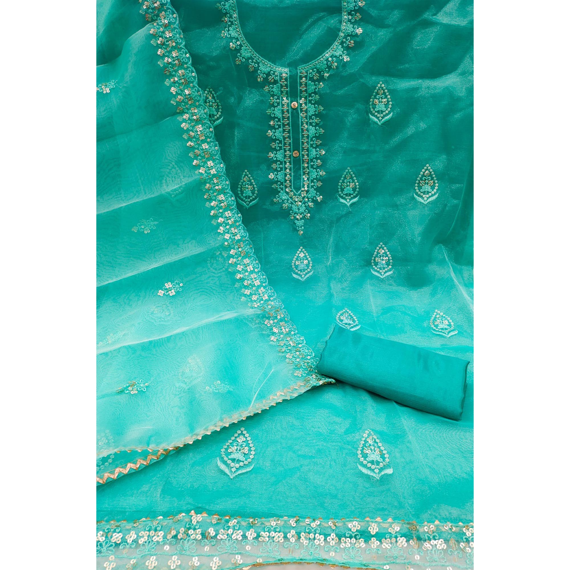 Turquoise Organza Silk Dress Material With Exquisite Floral Embroidery & Sequin Work