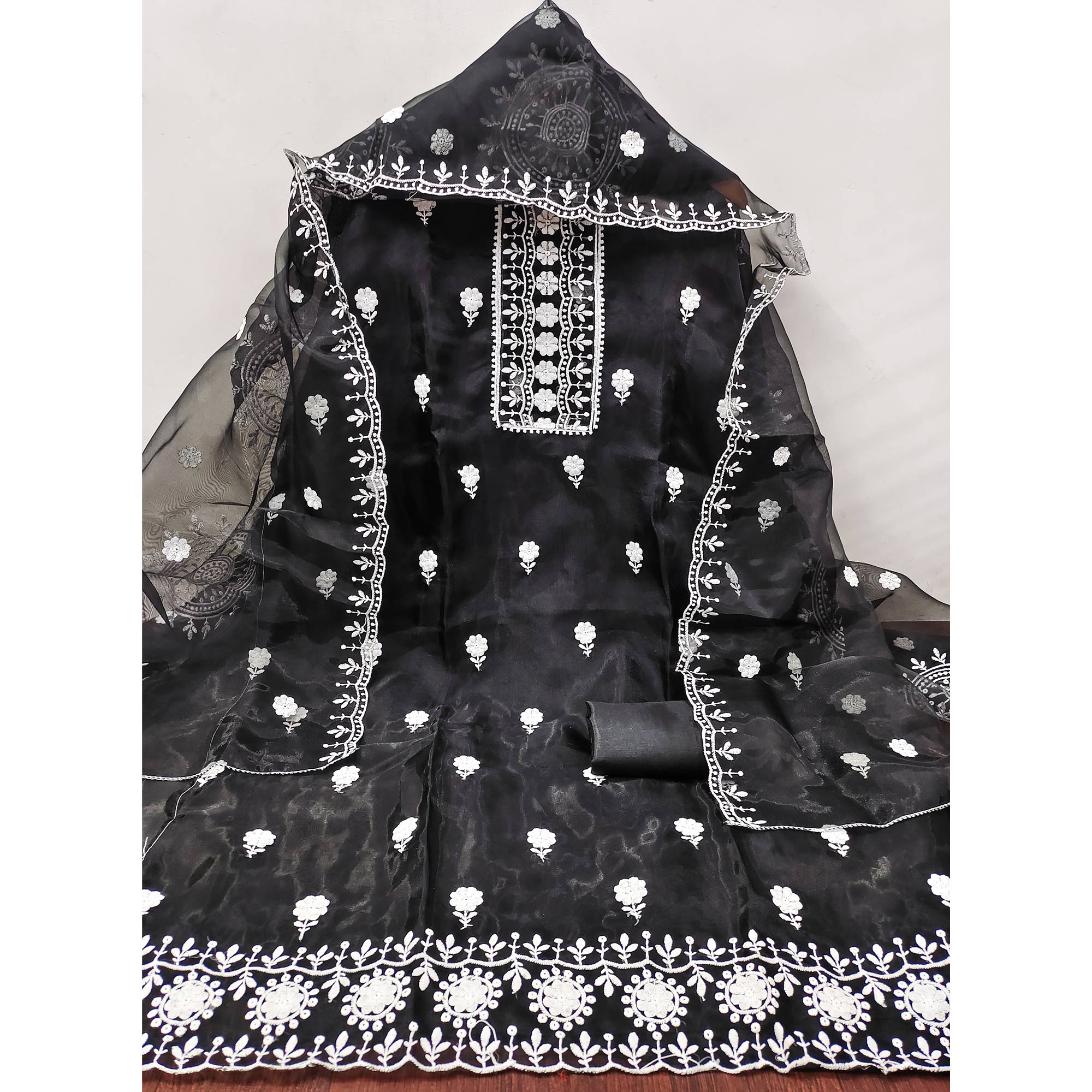 Black Organza Dress Material With Intricate Floral Thread Embroidery