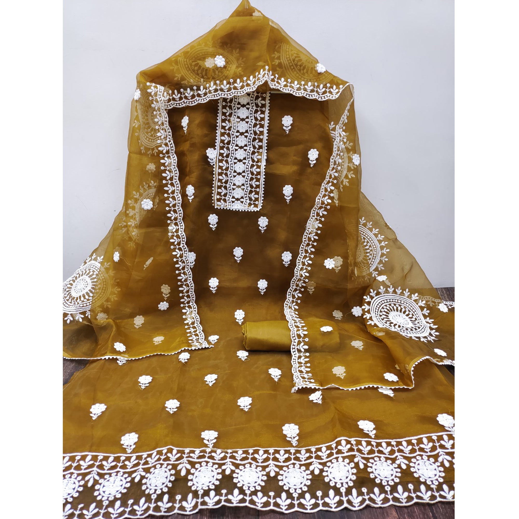 Dark Mustard Organza Dress Material With Intricate Floral Thread Embroidery