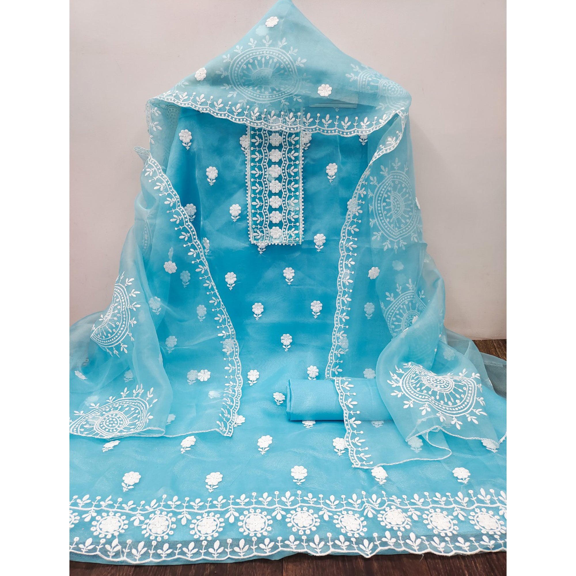 Sky Blue Organza Dress Material With Intricate Floral Thread Embroidery