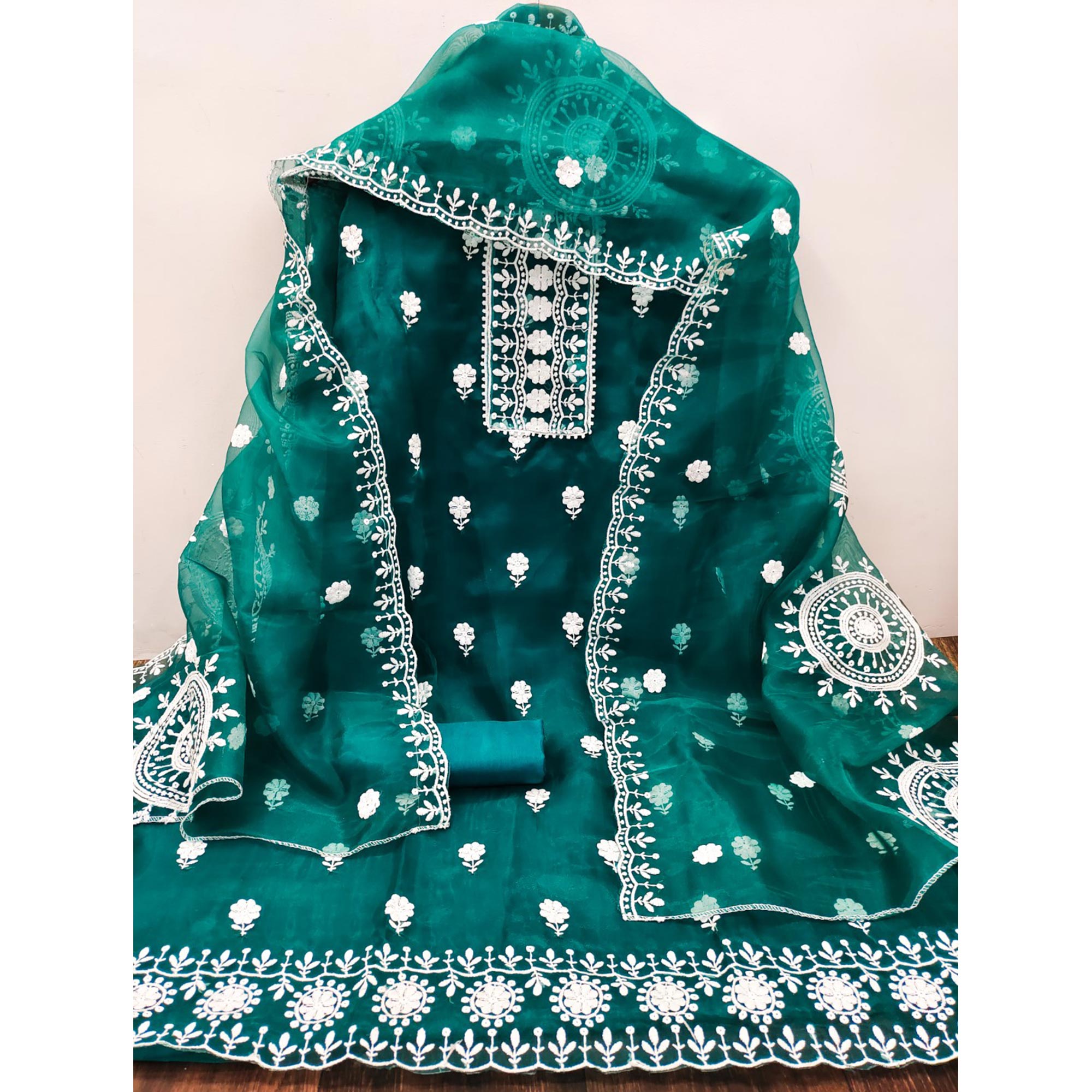 Teal Organza Dress Material With Intricate Floral Thread Embroidery