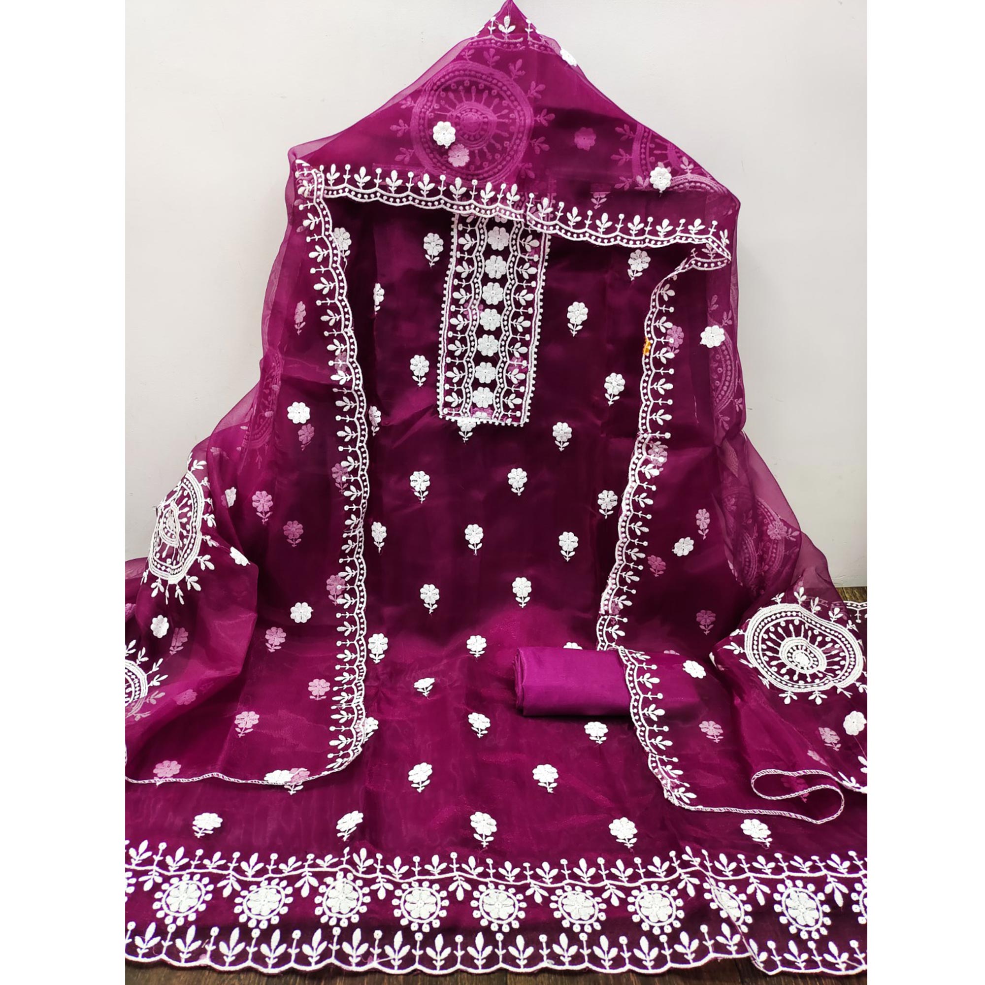 Wine Organza Dress Material With Intricate Floral Thread Embroidery