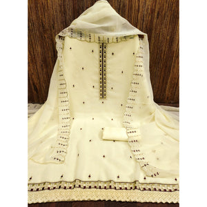 Light Yellow Sequins & Thread Embroidered Georgette Dress Material