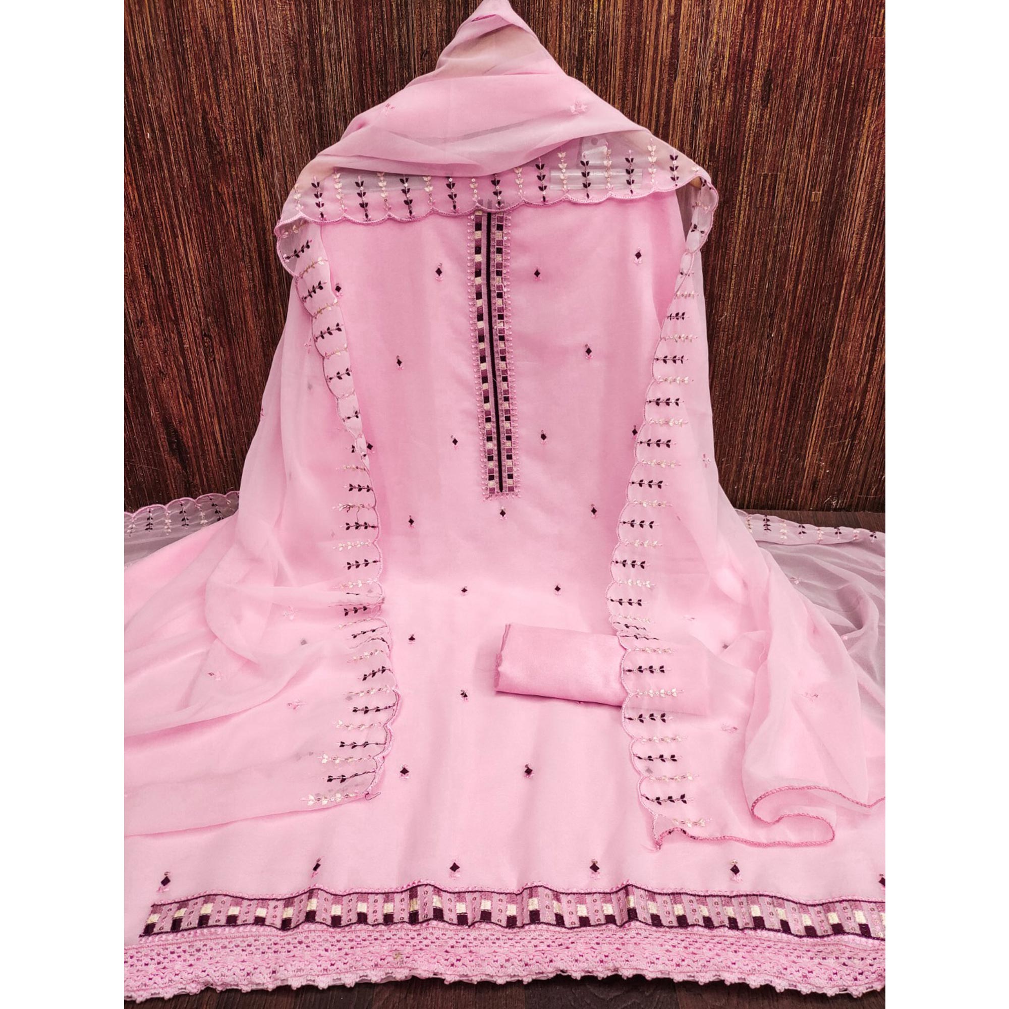 Pink Sequins & Thread Embroidered Georgette Dress Material