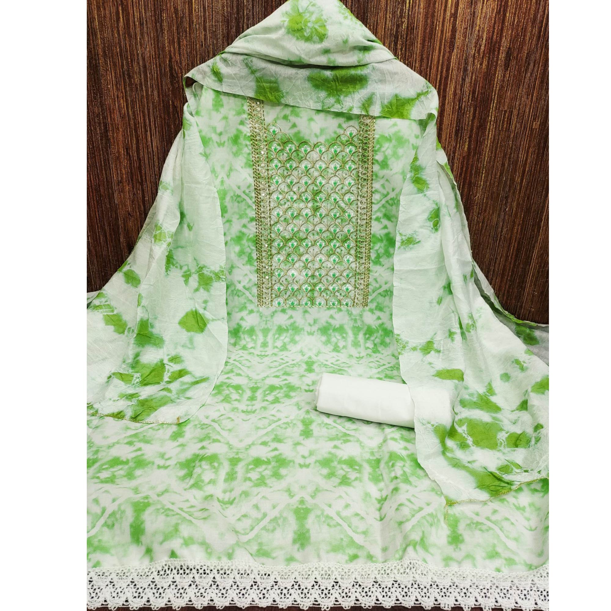 Green Printed With Embroidery Cotton Blend Dress Material