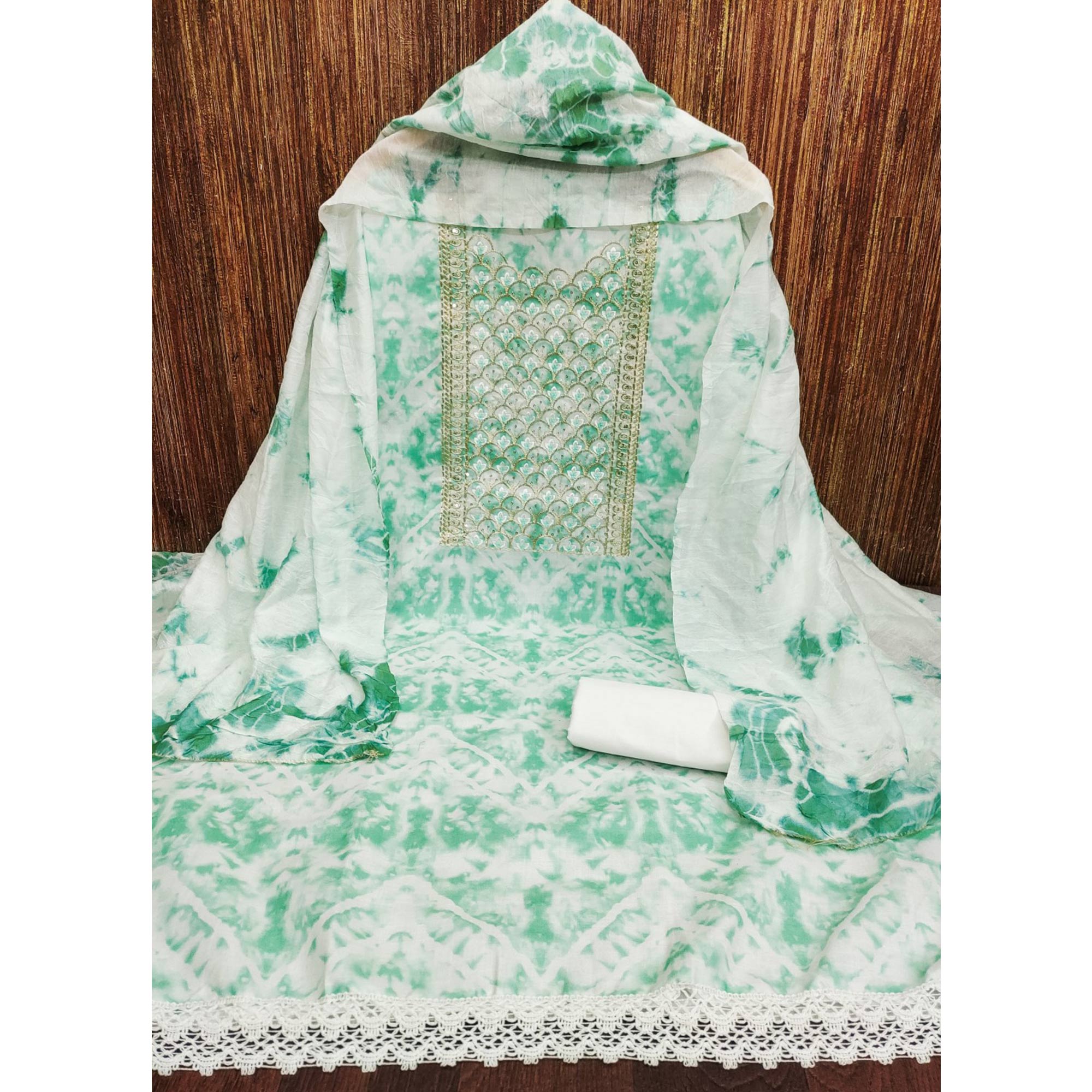 Sea Green Printed With Embroidery Cotton Blend Dress Material