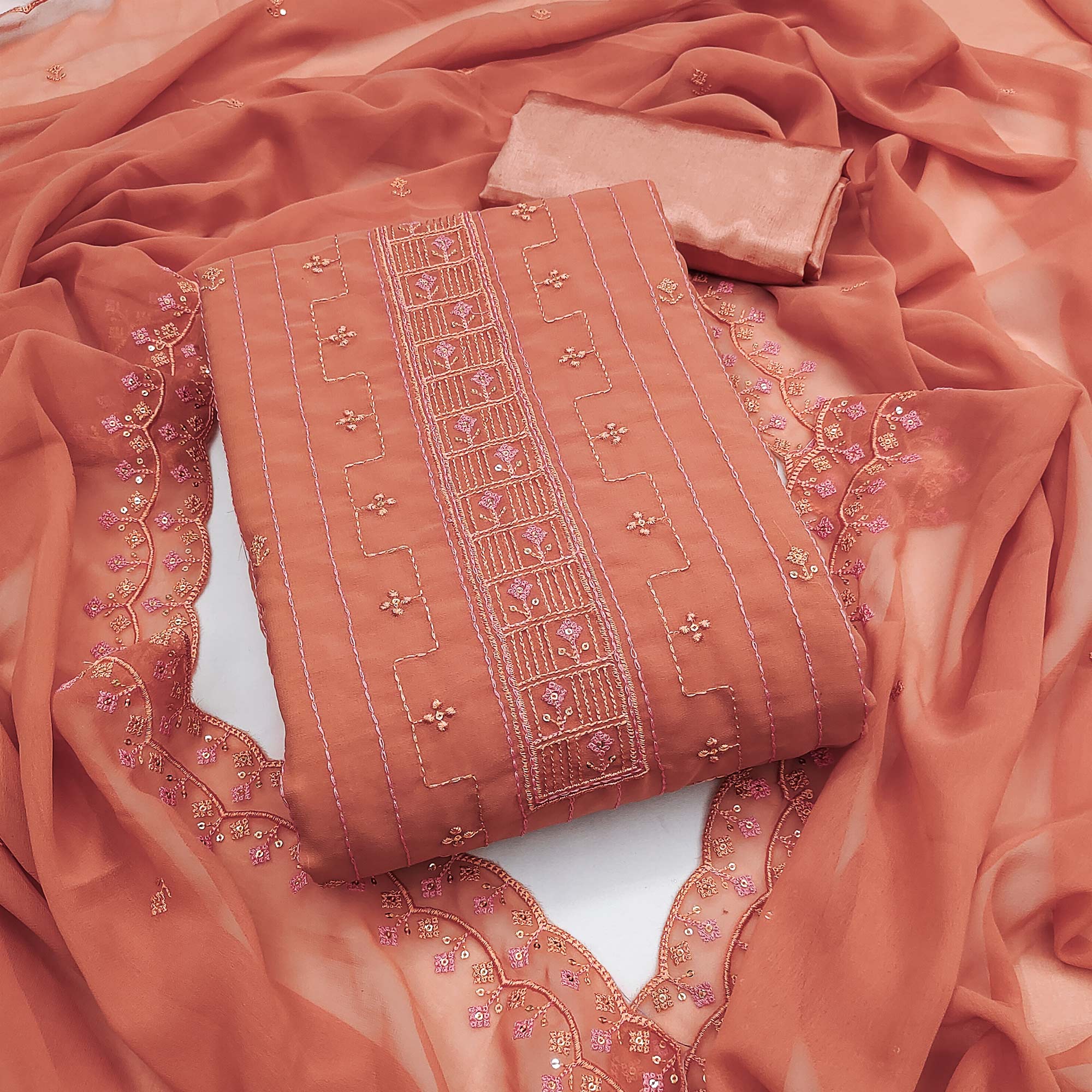 Dusty Orange Sequins Embroidered Georgette Dress Material