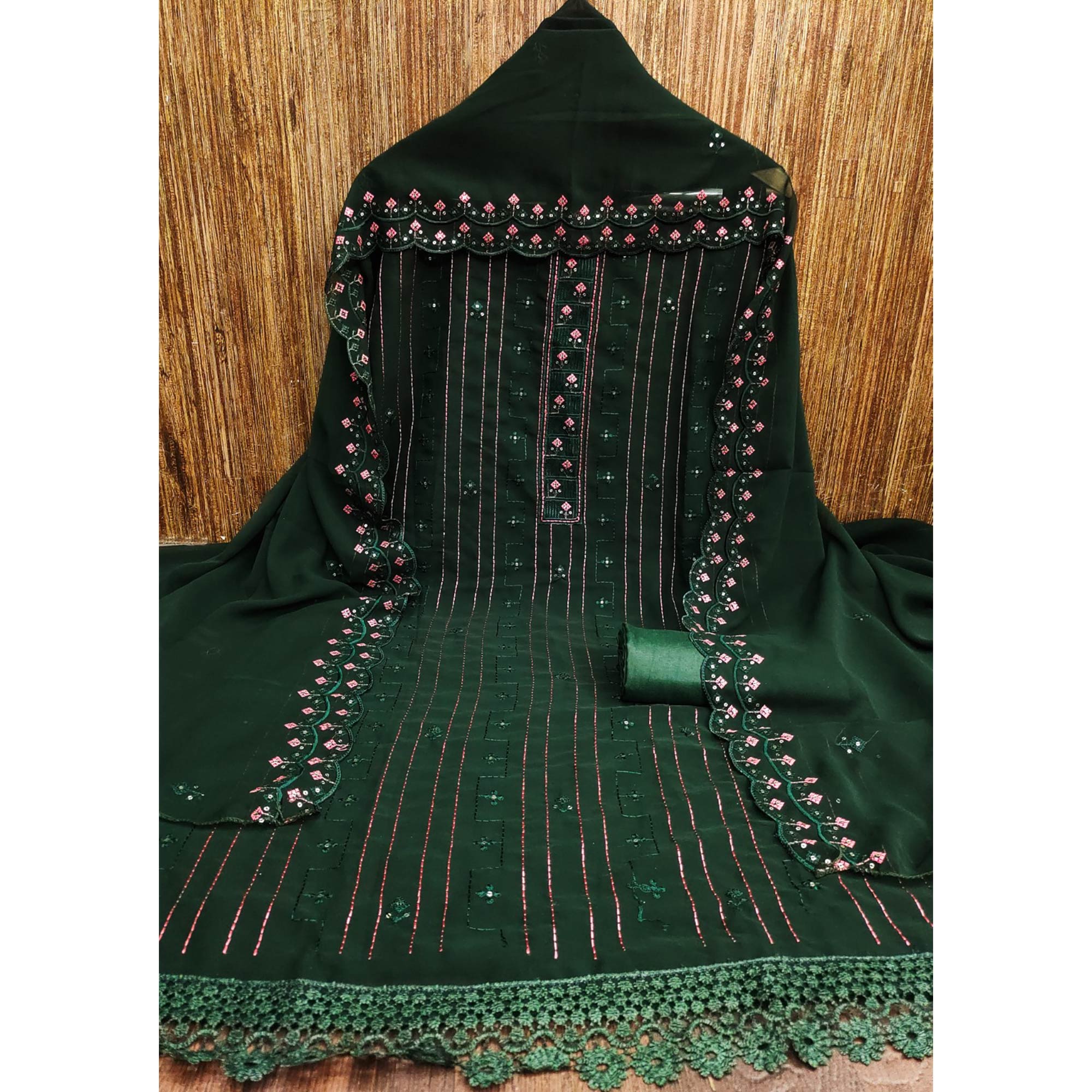 Green Sequins Embroidered Georgette Dress Material