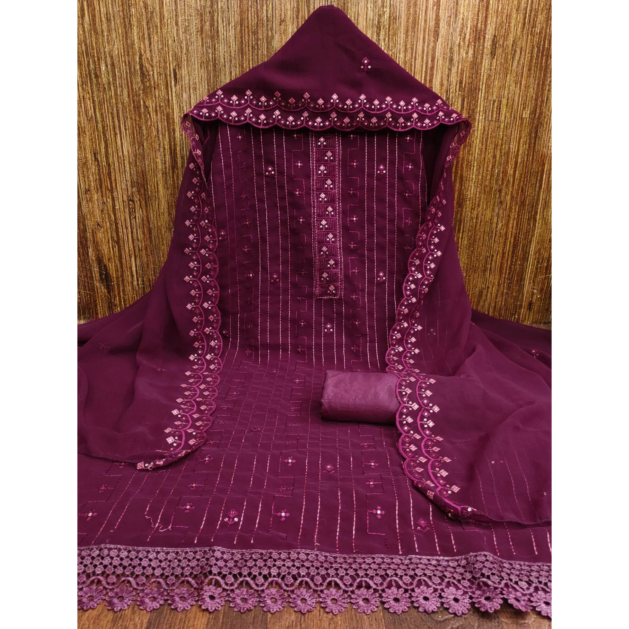 Purple Sequins Embroidered Georgette Dress Material
