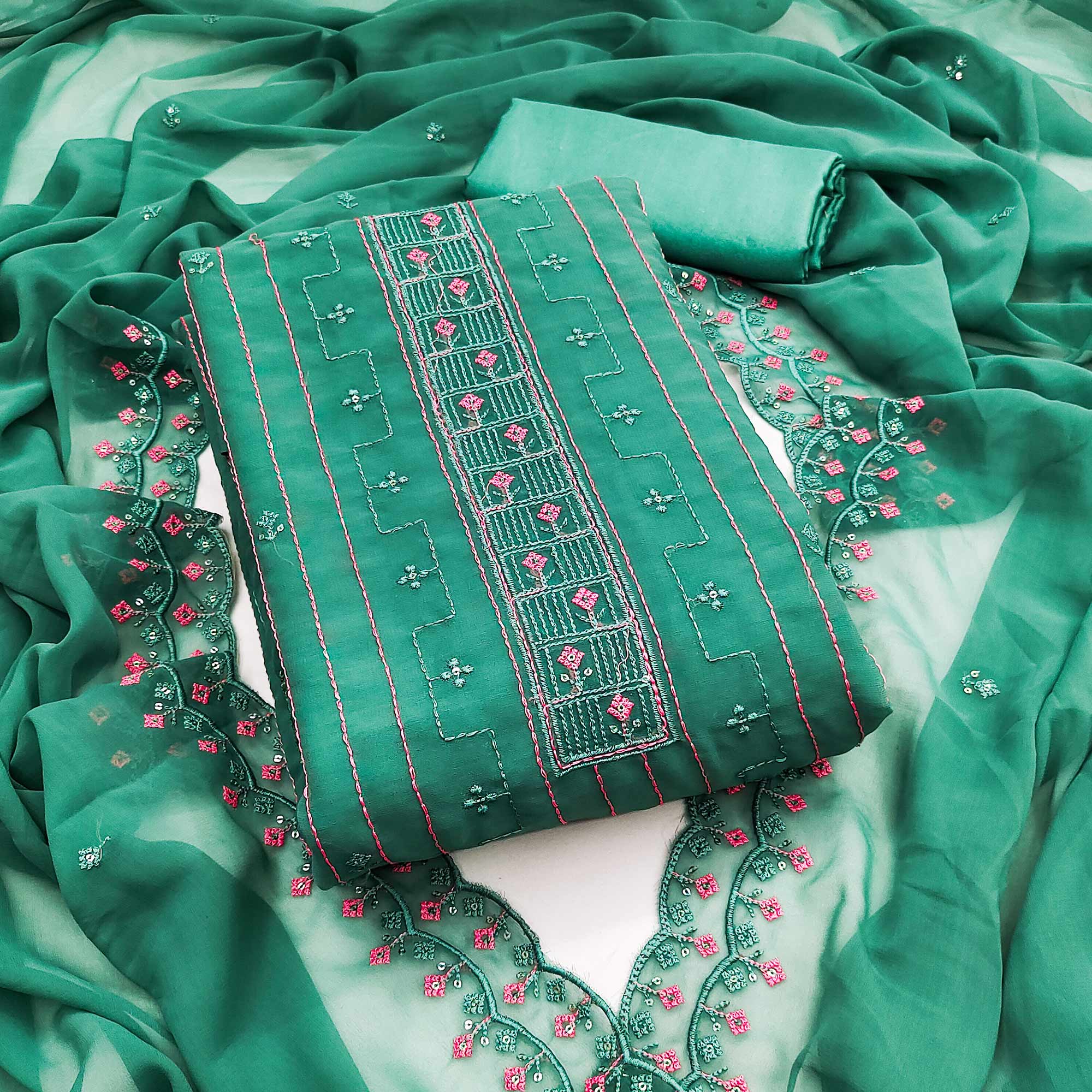 Rama Green Sequins Embroidered Georgette Dress Material